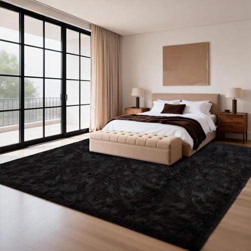 Large Shag Area Rugs 5×7 for Living Room, Ultra Soft Fluffy Black Rugs for