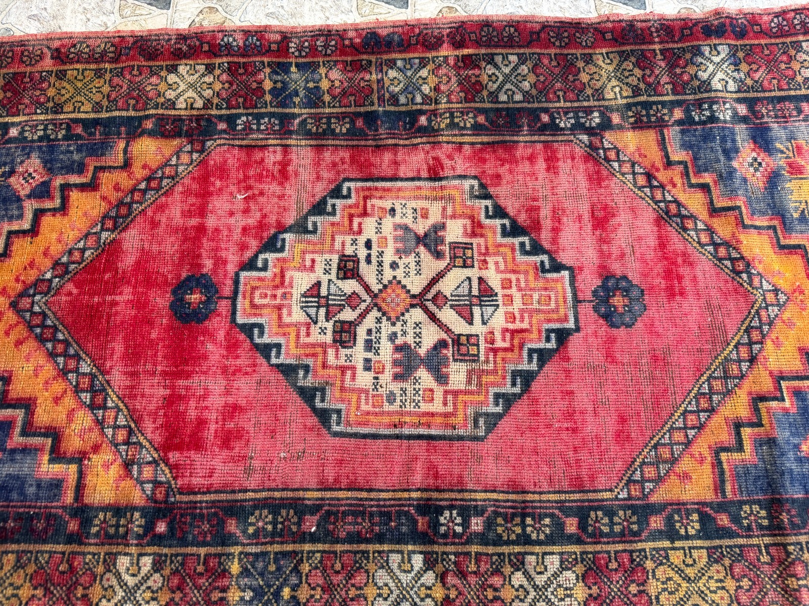 1980s Geometric Turkish Vintage Rug, Distressed Handmade Anatolian Wool Area 4×6