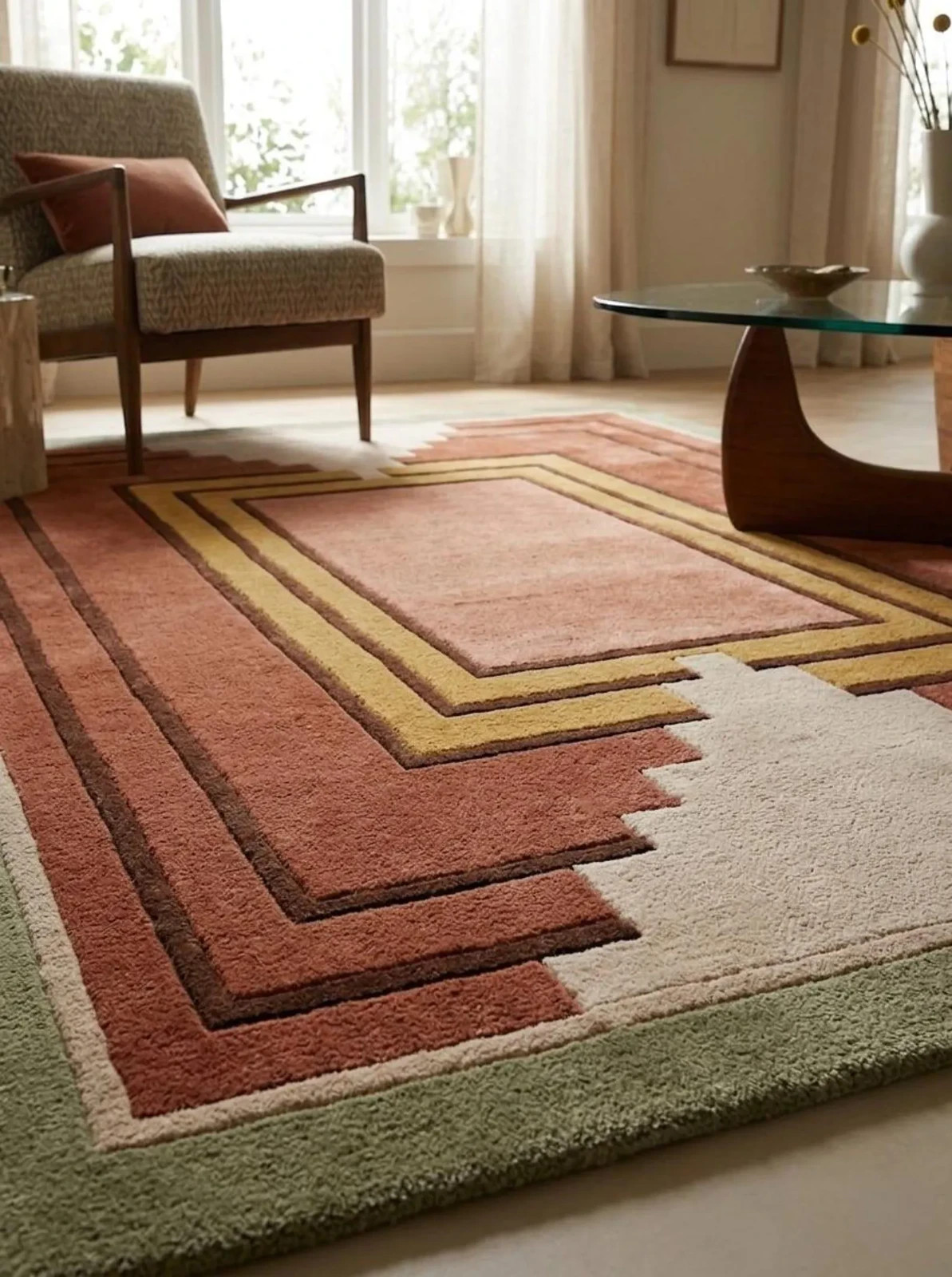 Hand Tufted Wool Rug, Modern Geometric Area Terracotta Rust Olive Green Carpet