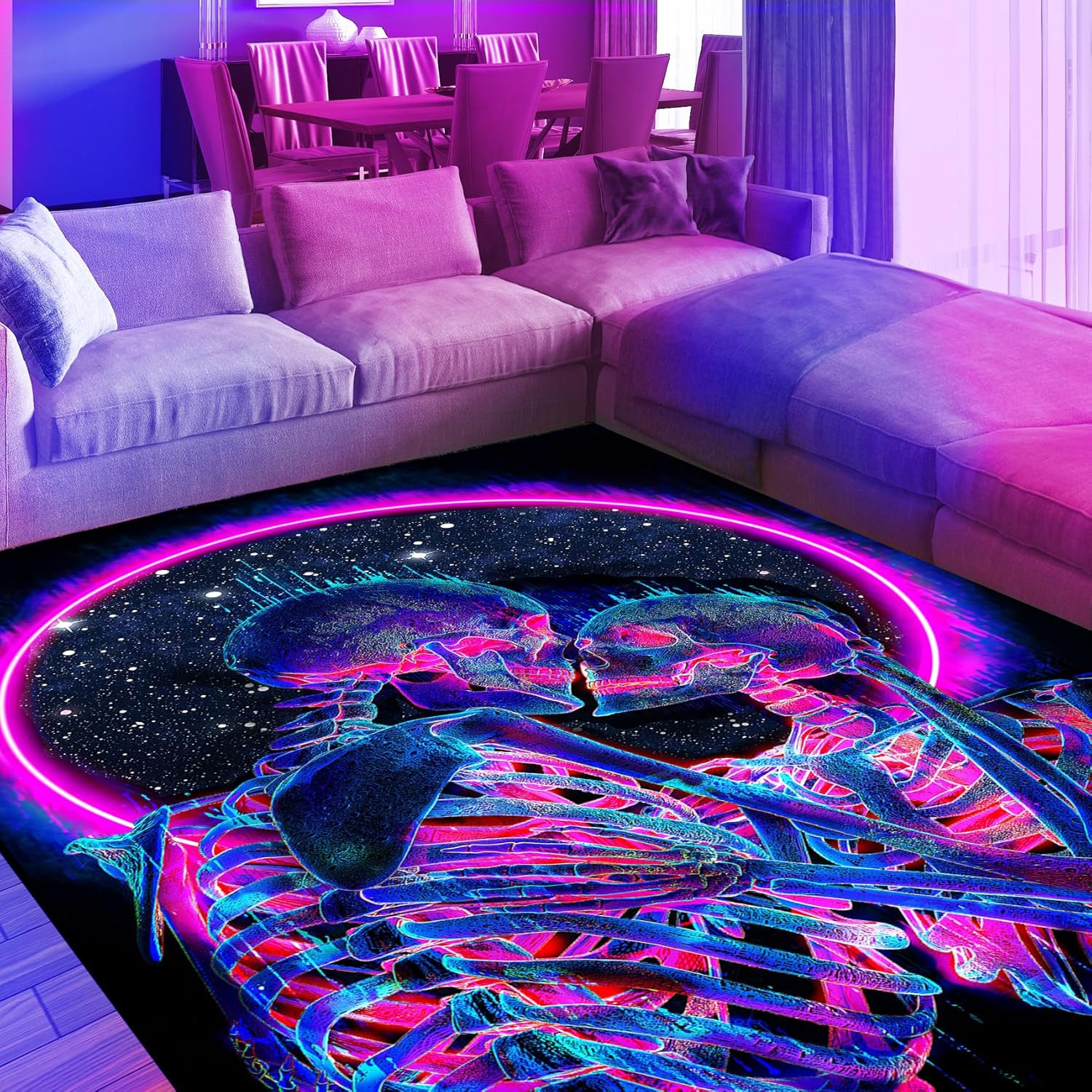 Glow in the Dark Skull Area Rug – Neon Couple Skeleton Carpet 70×47 Inch