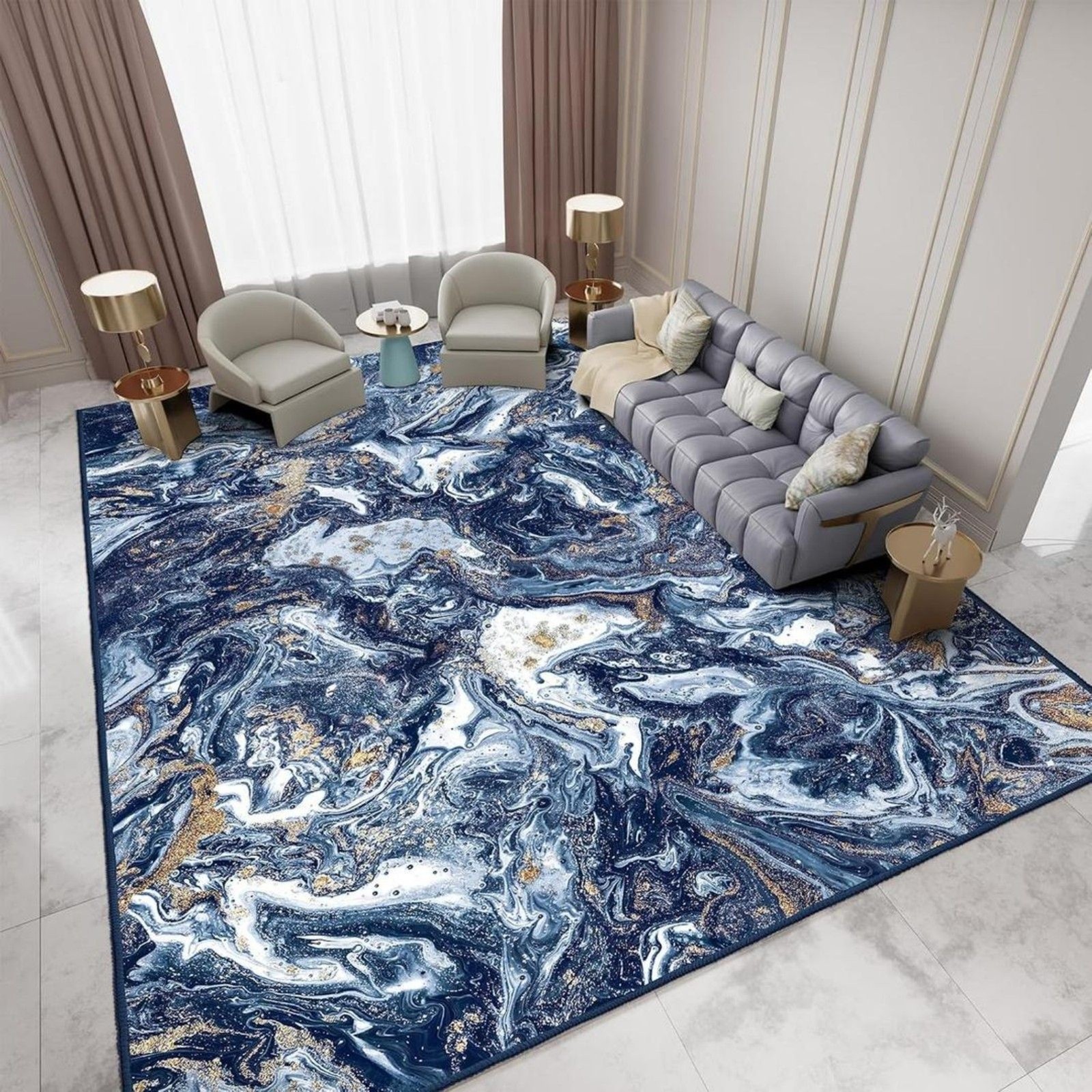 Brand New Gembed Dark Blue & Gold Modern Washable Area Rug – 4′ × 6′