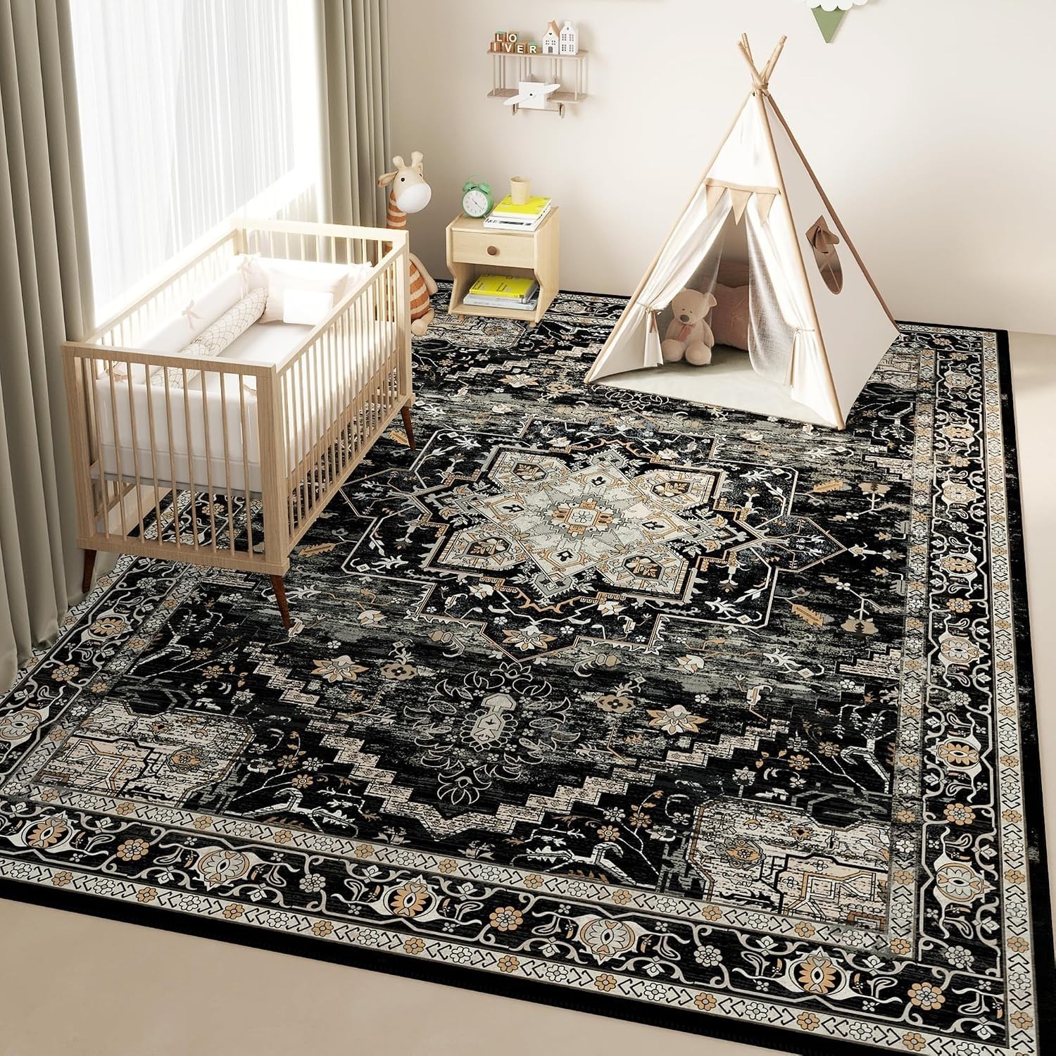 5ft x 7ft Pet-Friendly & Easy to Clean Black & Gold Area Rug for Living Rooms