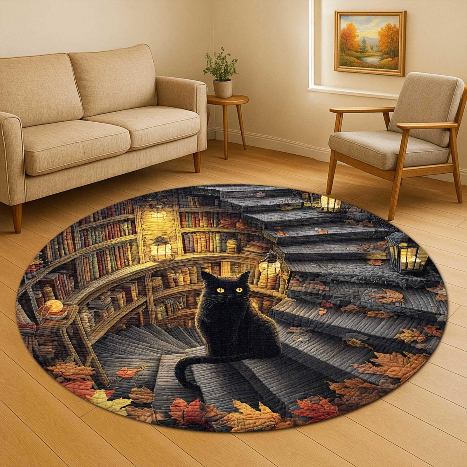 Halloween Round Rug Black Cat 3D Carpet Magic Library Gothic Witch Decor Gift