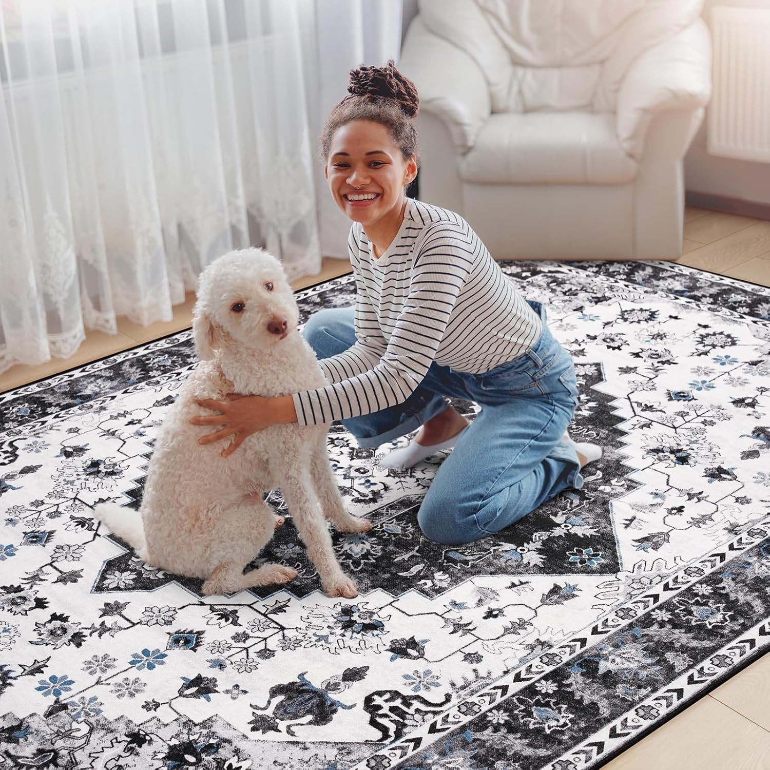 Soft & Durable Vintage Floral Rug 4×6 – Low Pile, Machine Washable Home Decor