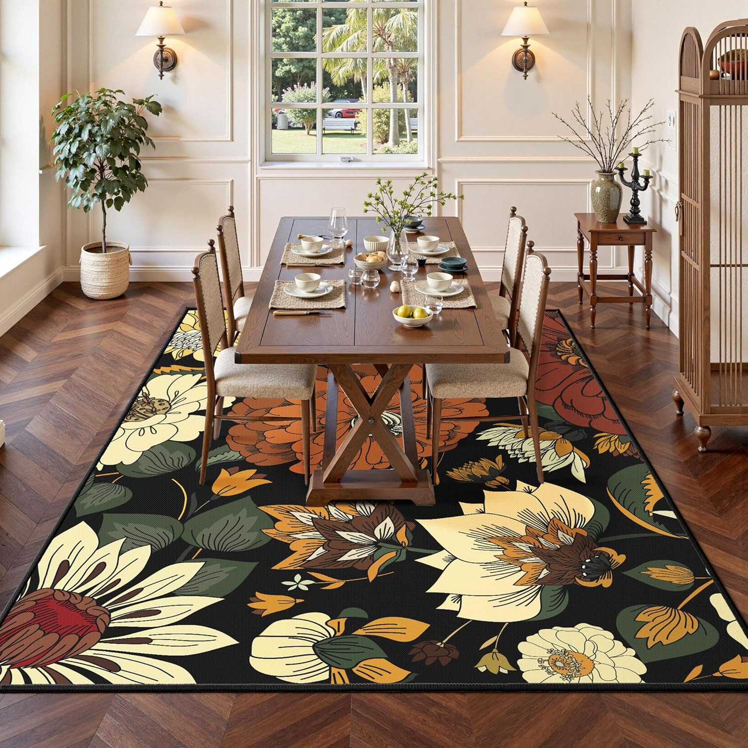 Black Boho Floral Living Room Rug, Ultra Thin Flat Woven 5X7 Rug Washable Botani