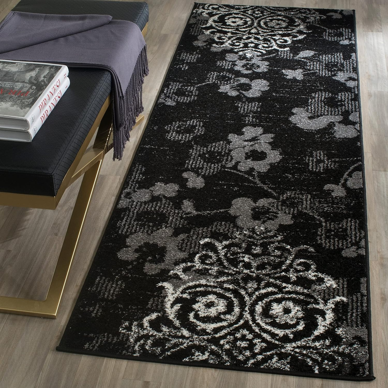 Adirondack Collection Area Rug – 9′ Square, Silver & Ivory, Floral Glam Damask D