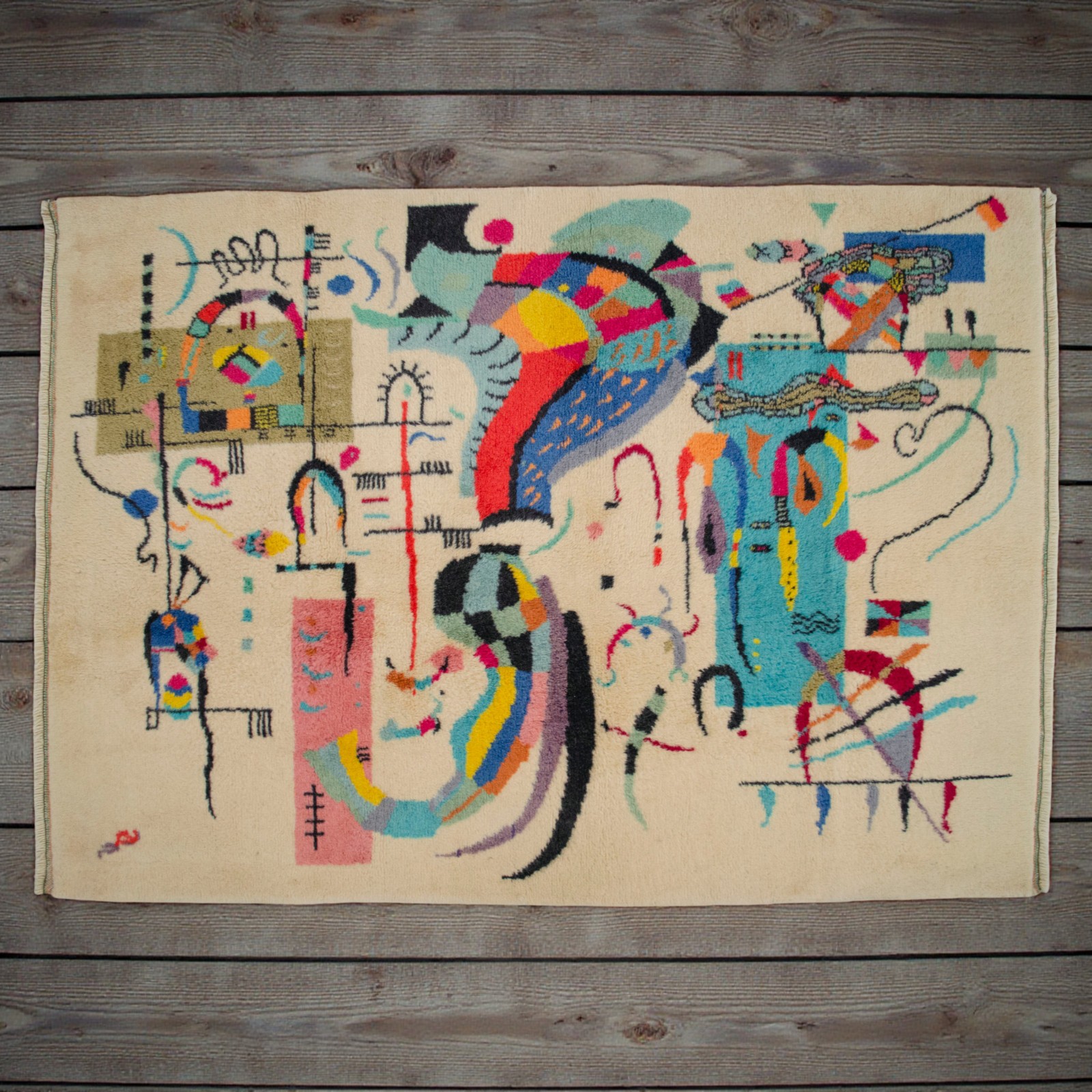 Kandinsky Style Abstract Rug | Vintage Hand-Knotted Wool Art Carpet 3’7″ x 5’0″