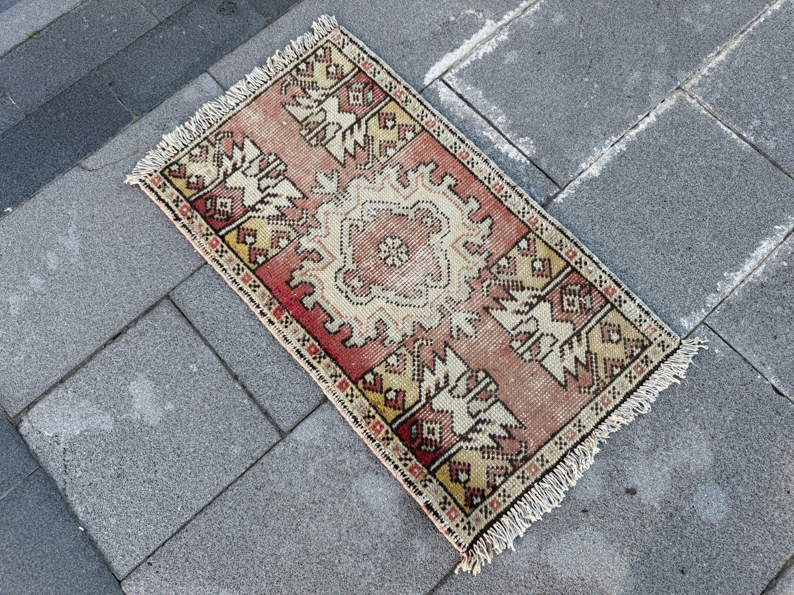 Vintage Turkish Rug 1.5×2.7 ft Blush Pink Tribal Accent Rug Handwoven Carpet