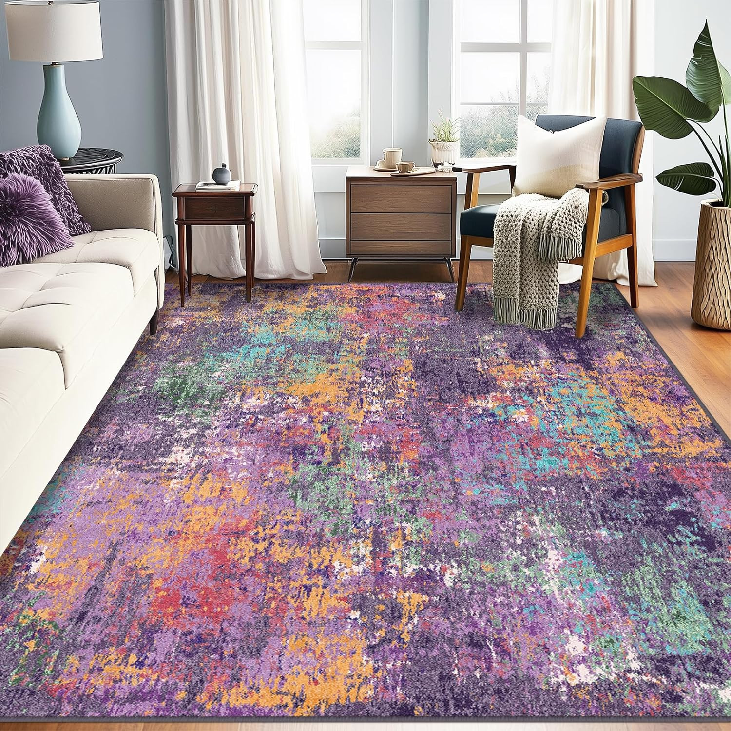 Modern Abstract Washable Area Rug 8’X10′ Non-Slip Colorful for Living Room