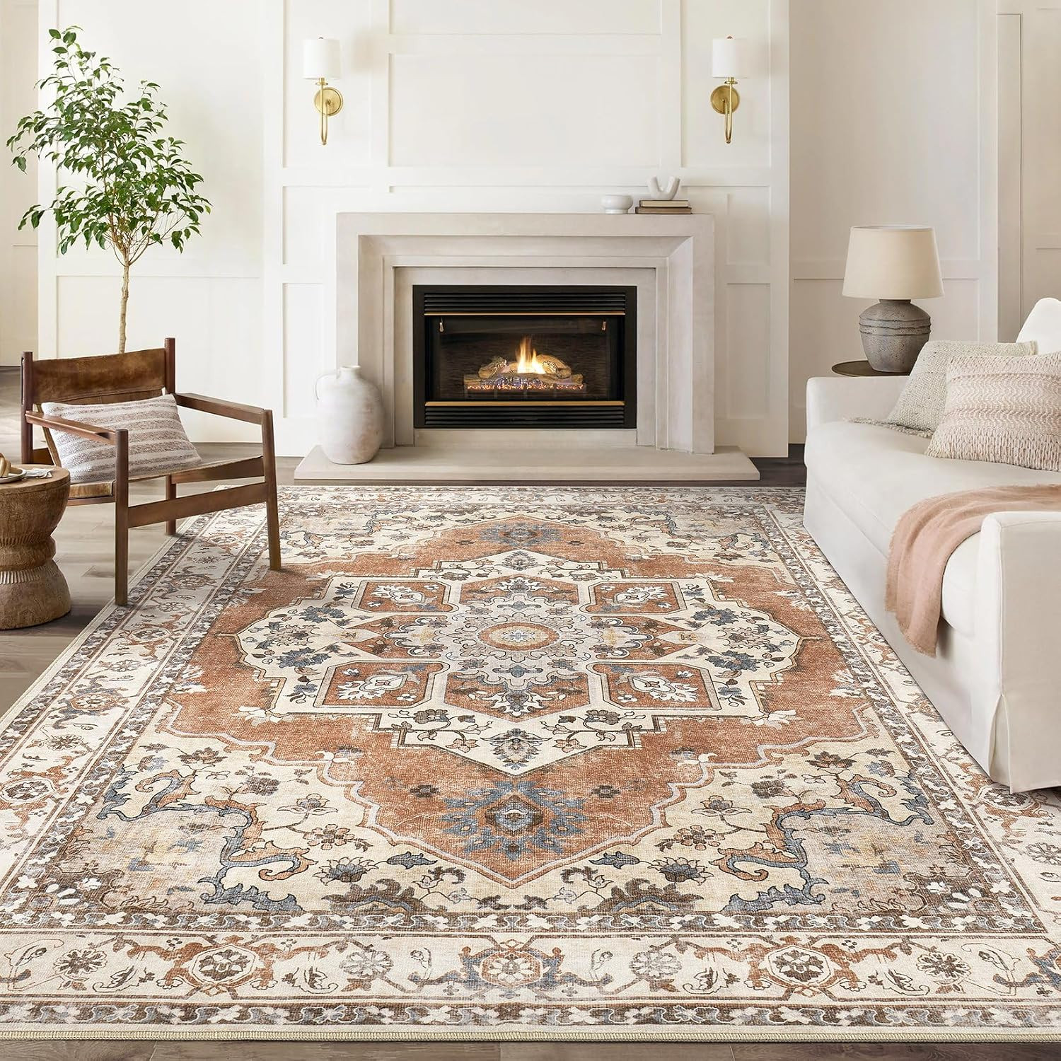 9X12 Washable Area Rug: Vintage Neutral Soft Non Slip Thin Large Floor Carpet fo