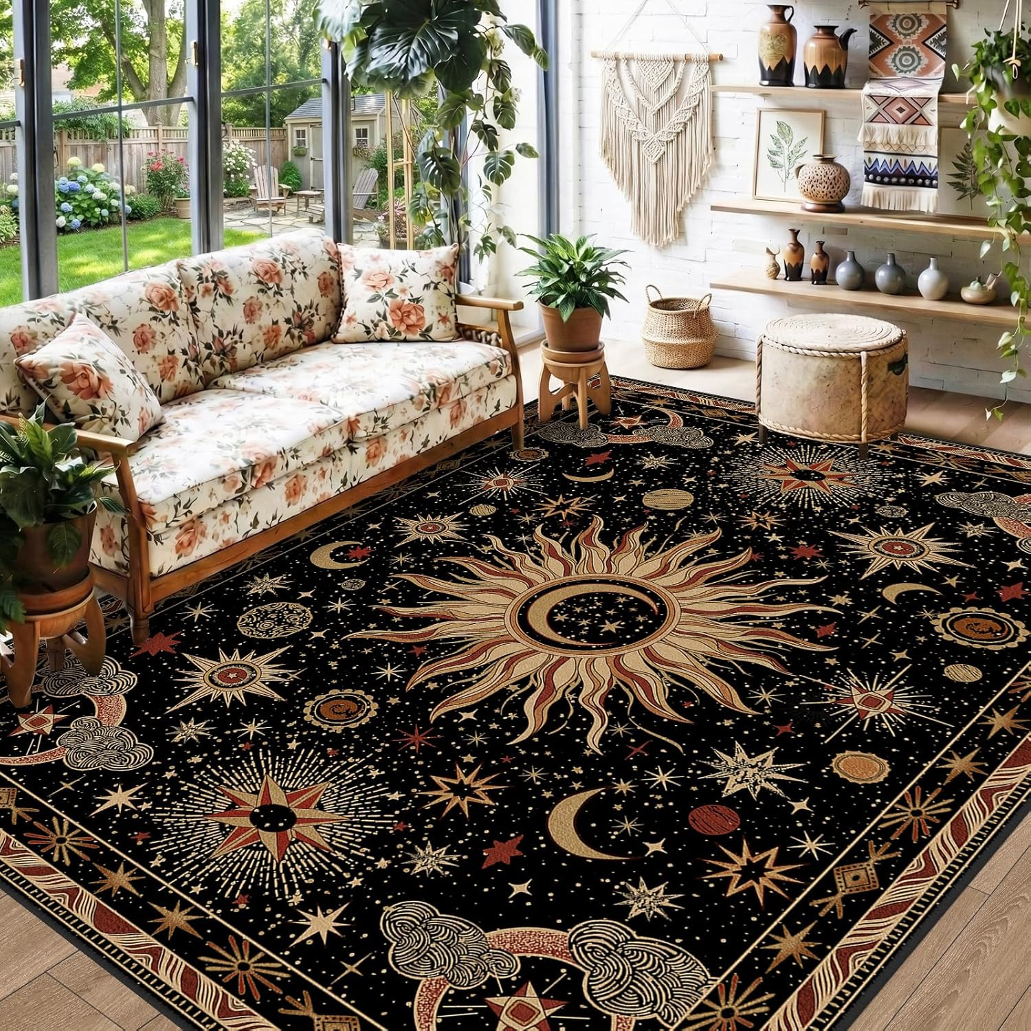 Vintage Boho Sun and Moon 5X7 Washable Non-Slip Area Rug for Any Room