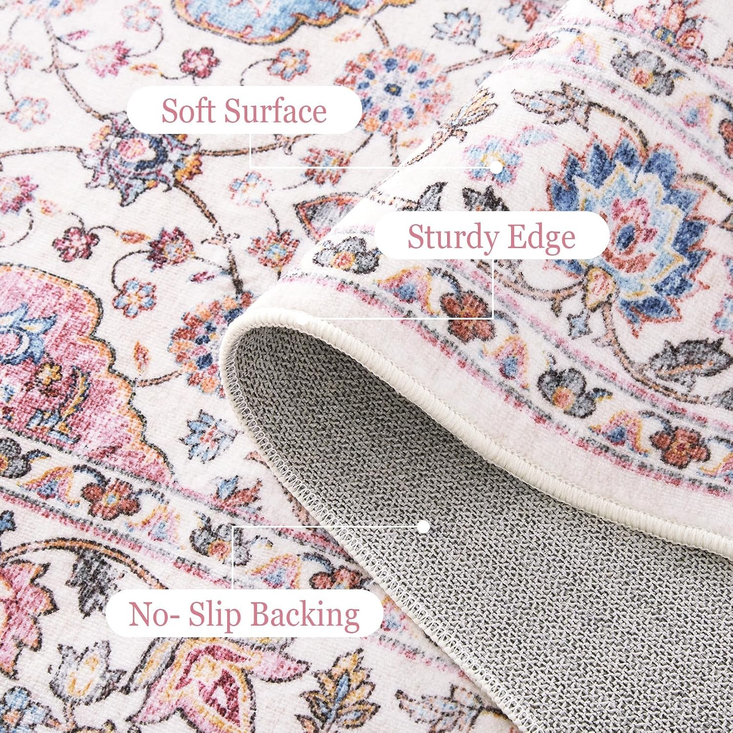 Vintage Floral Washable Rug Foldable Thin Soft Low Pile Non Slip Floor Mat