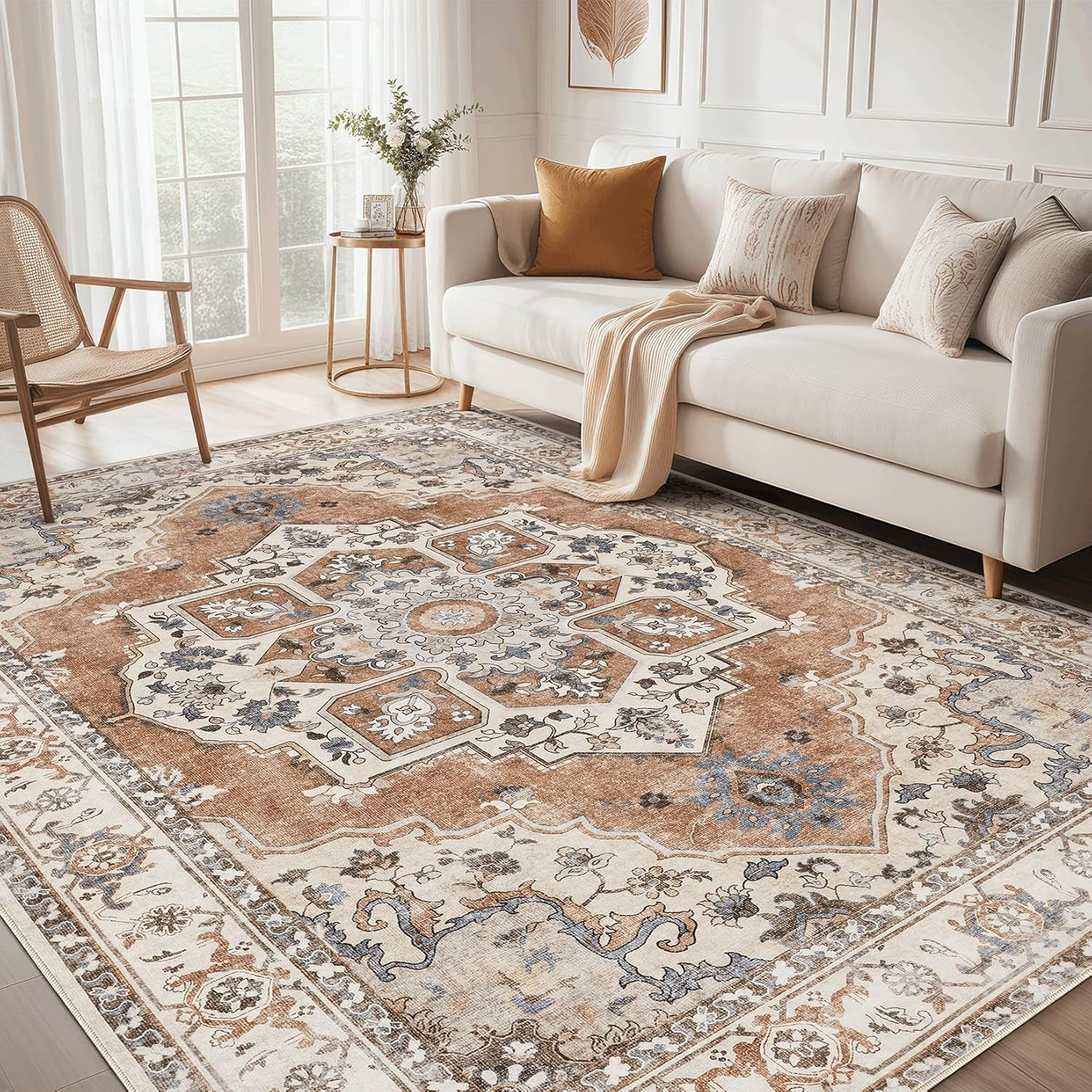 9X12 Washable Area Rug: Vintage Neutral Soft Non Slip Thin Large Floor Carpet fo