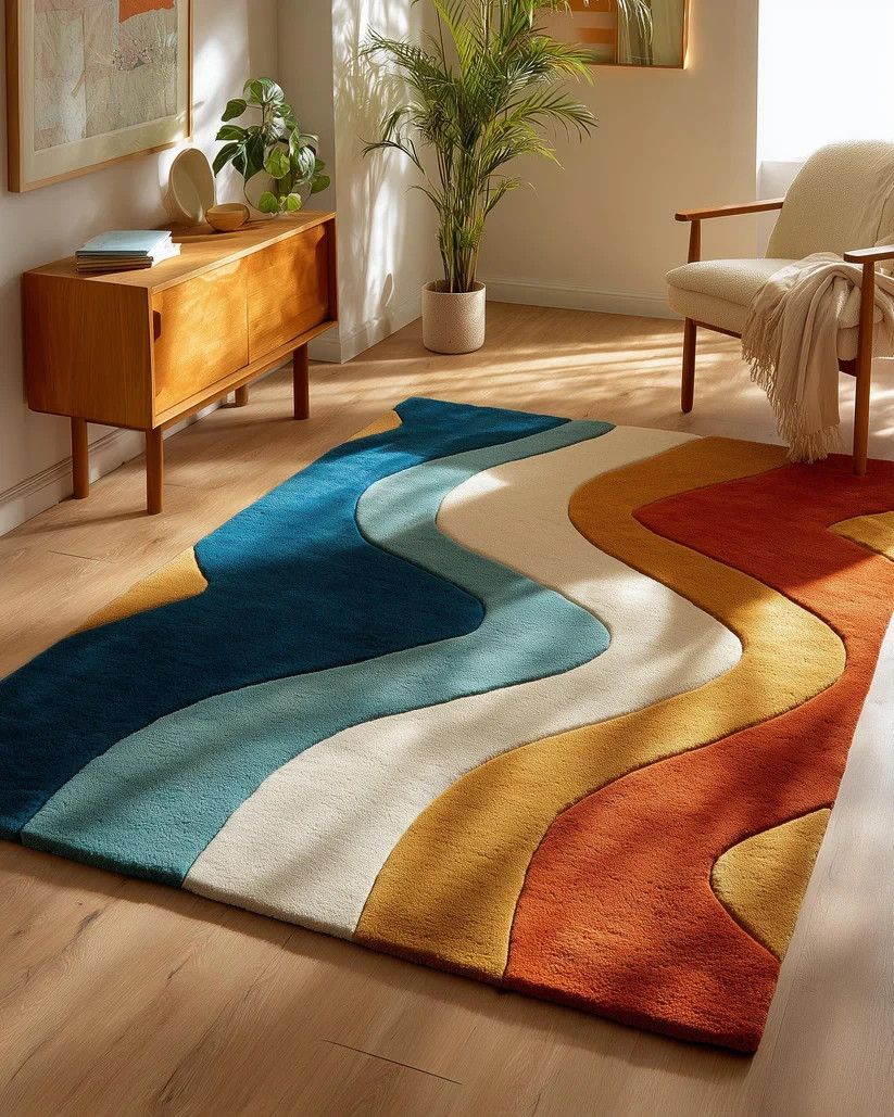 Retro Wavy Area Rug – Handmade Wool Rug with Colorful Abstract Carpet Design