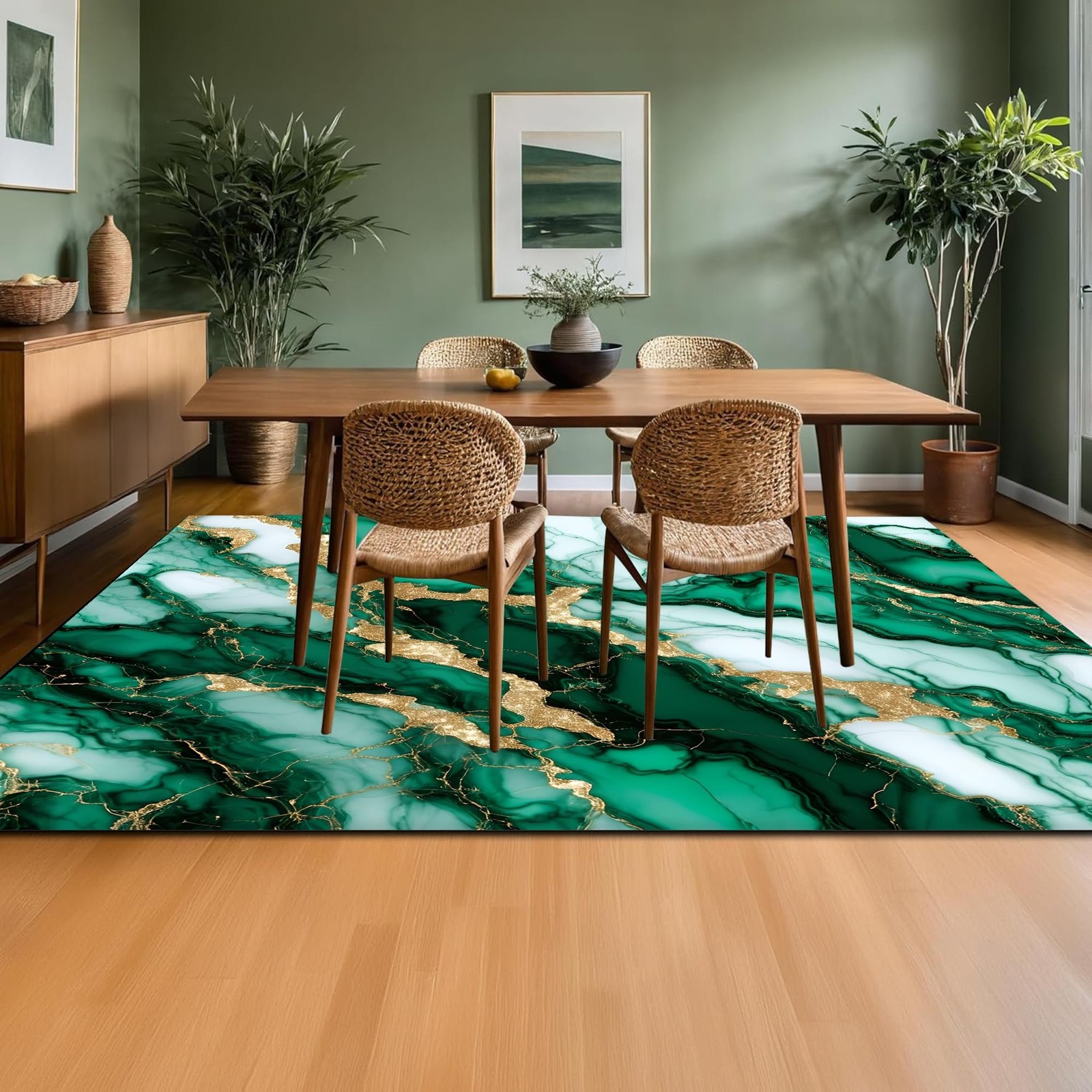 EDGZKO Green Gold Marble Rugs 4×6 Feet Modern Abstract Area Rug Emerald Green