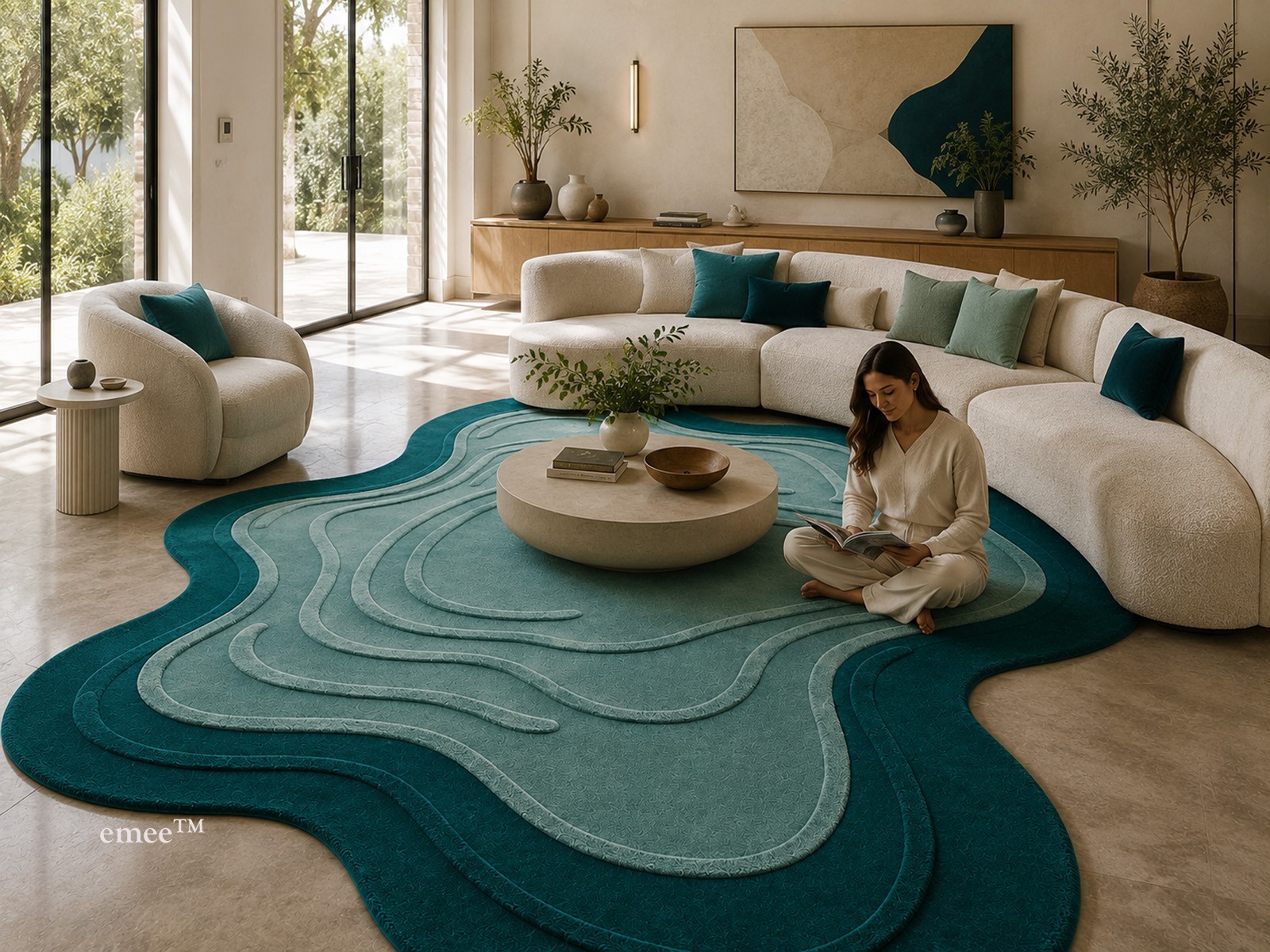 Modern Flower Shape Hand Tufted Wool Area Rug Teal Pink Sage Green Carpet