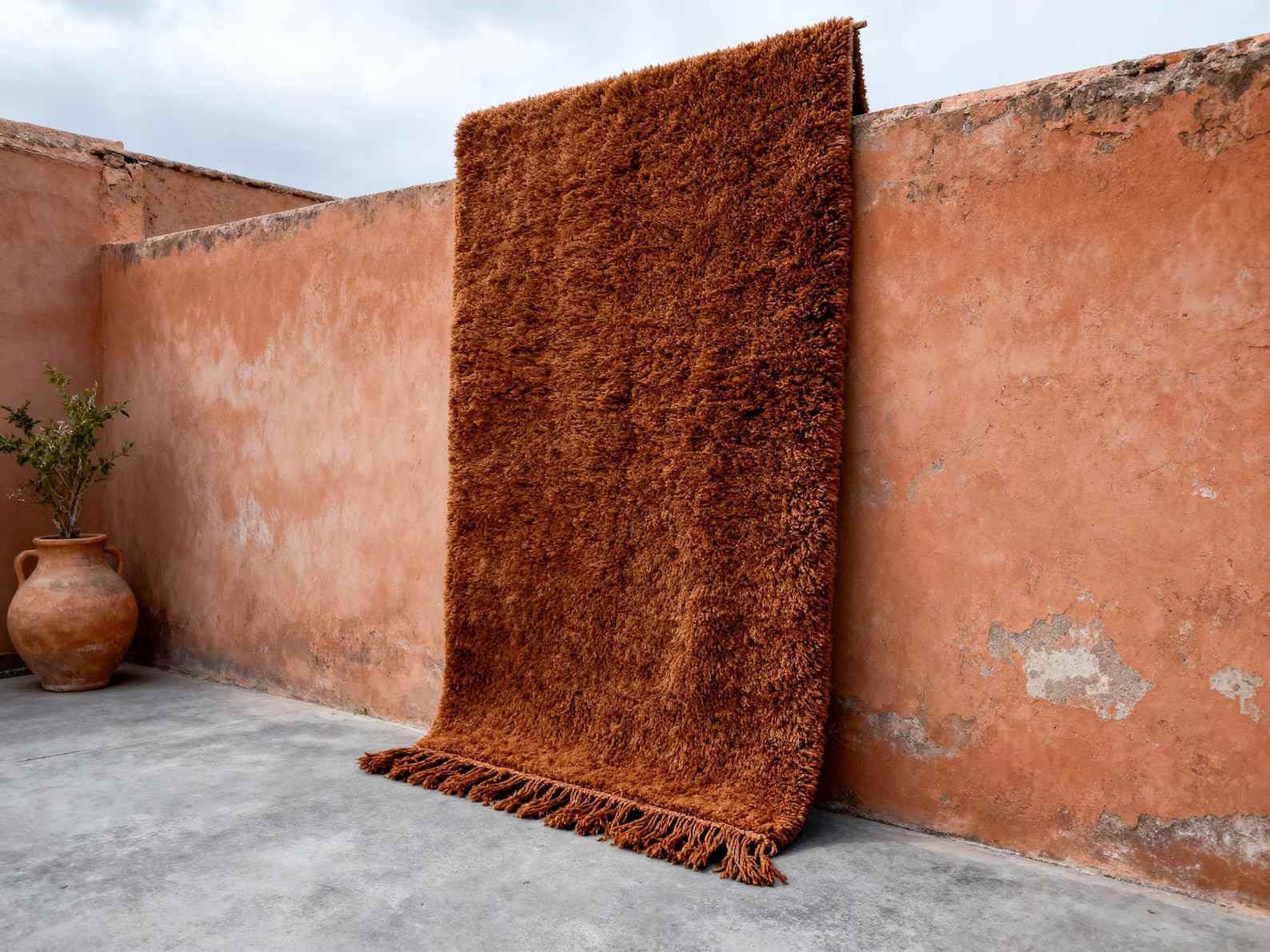 Cognac Brown Moroccan Wool Rug | Solid Medium Brown Berber Carpet | Rustic style