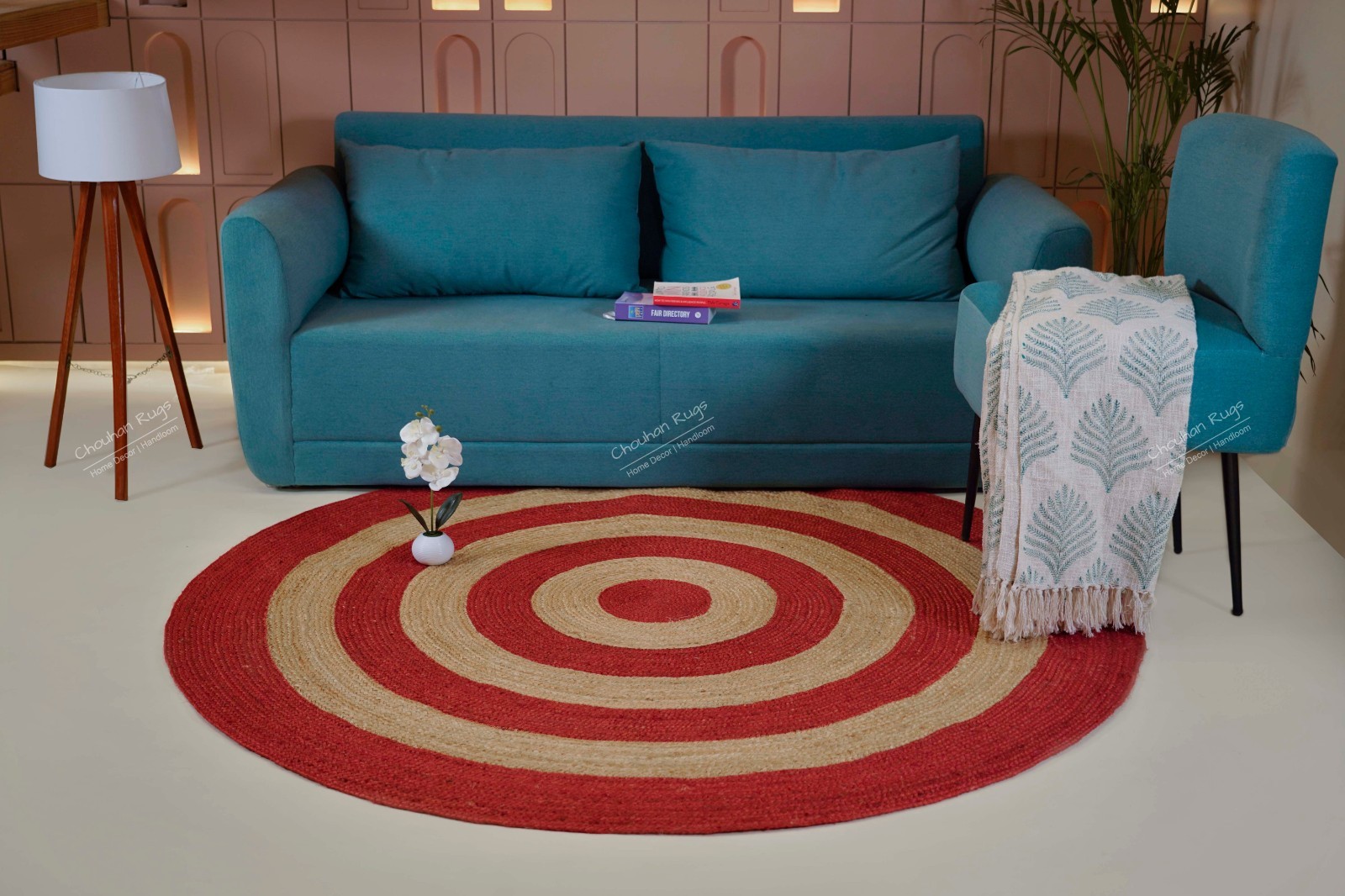 Beige with red stripes border round jute rug home and living room decor rugs