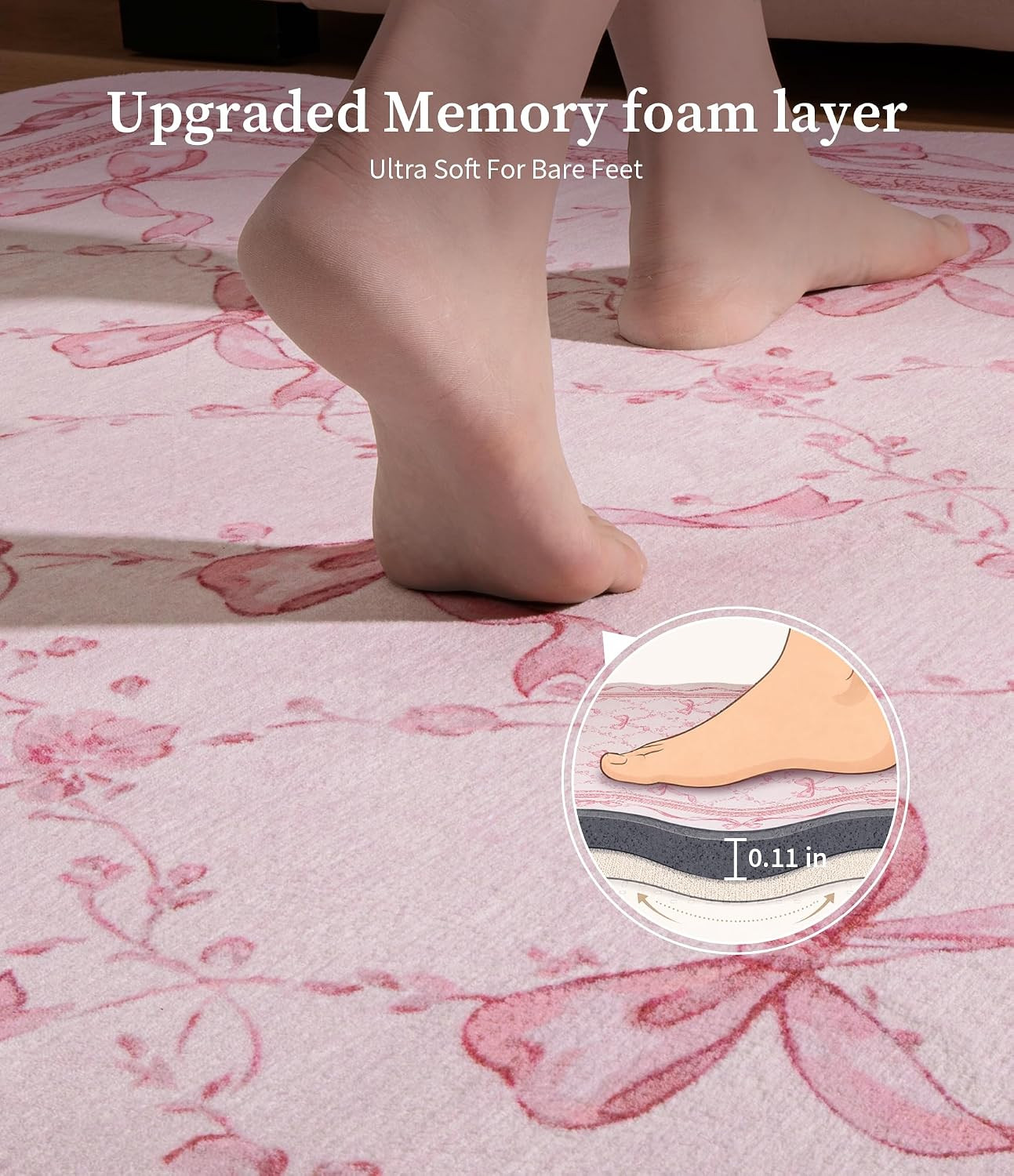Pink Bow Entryway Rug for Girls: 3X5 Washable Floral Scalloped Rugs | Non-Slip L