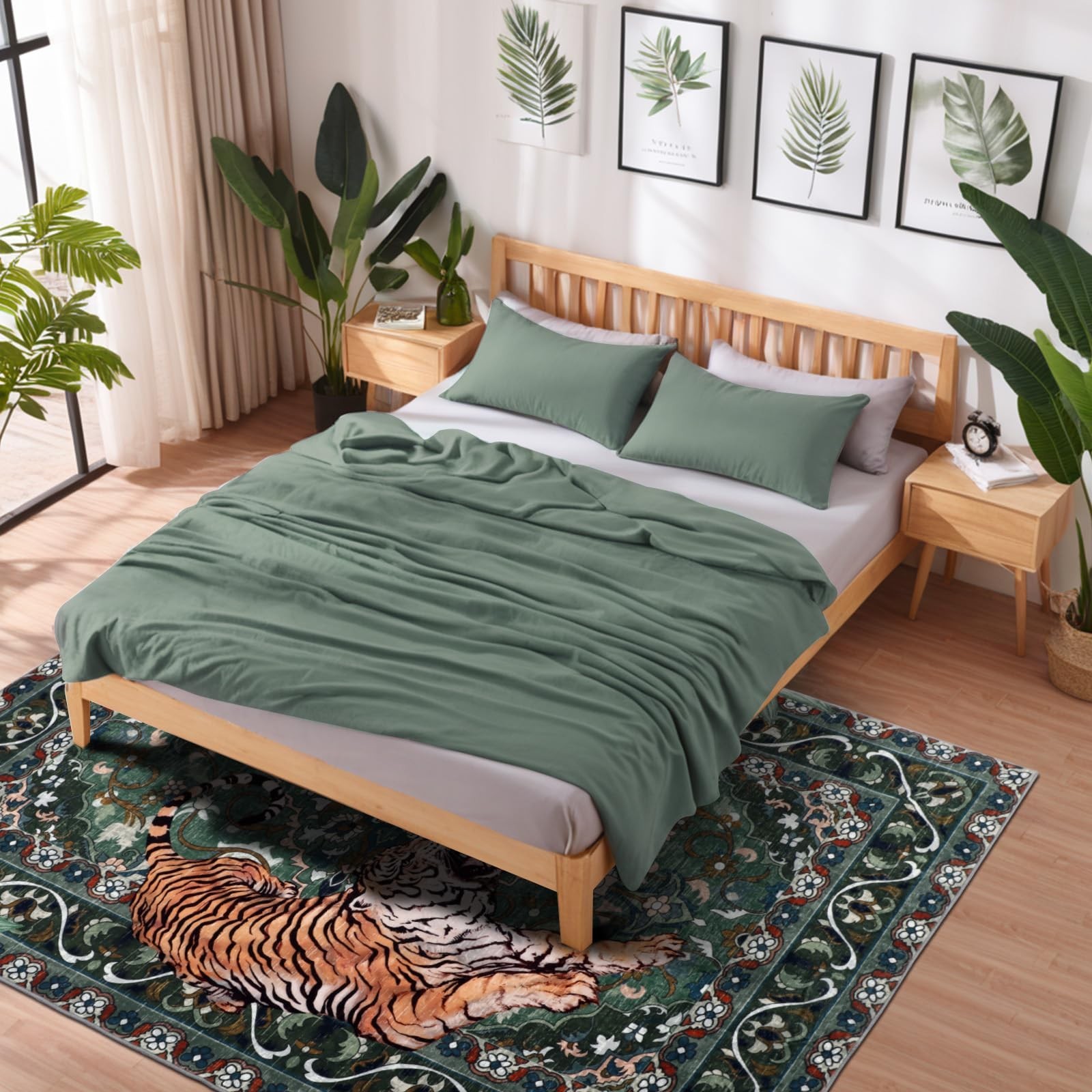 Geanlod Tiger Washable Area Rug 5x7ft Boho Botanical Jungle Floor Carpet