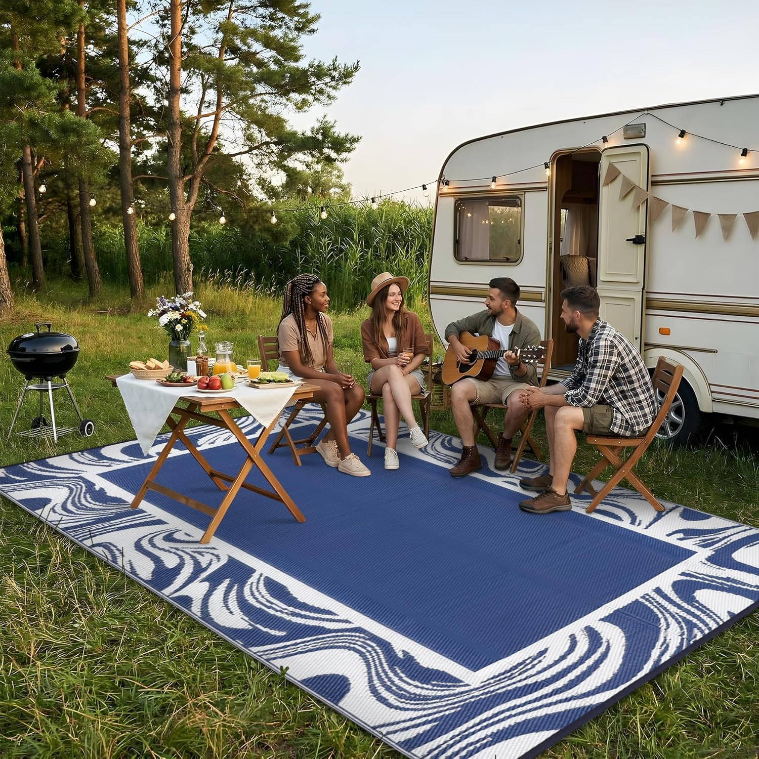 Outdoor Rug 5X8 Modern Bordered Patio Rug Foldable Plastic Straw Rugs Waterproof