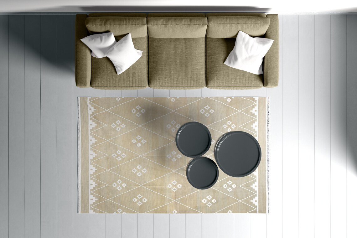 Flatweave Kilim Custom rug, Handwoven Flat area rug, Beige and White Cotton