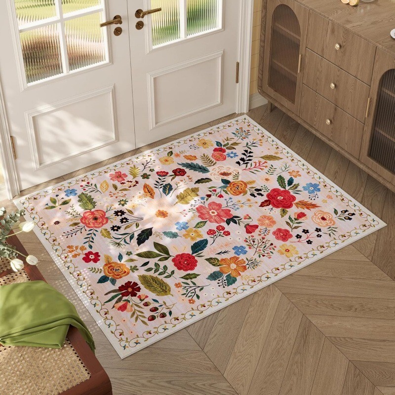 Door Mat Indoor Entrance Pink Rug Machine Washable Boho Floral Small Area Rug No