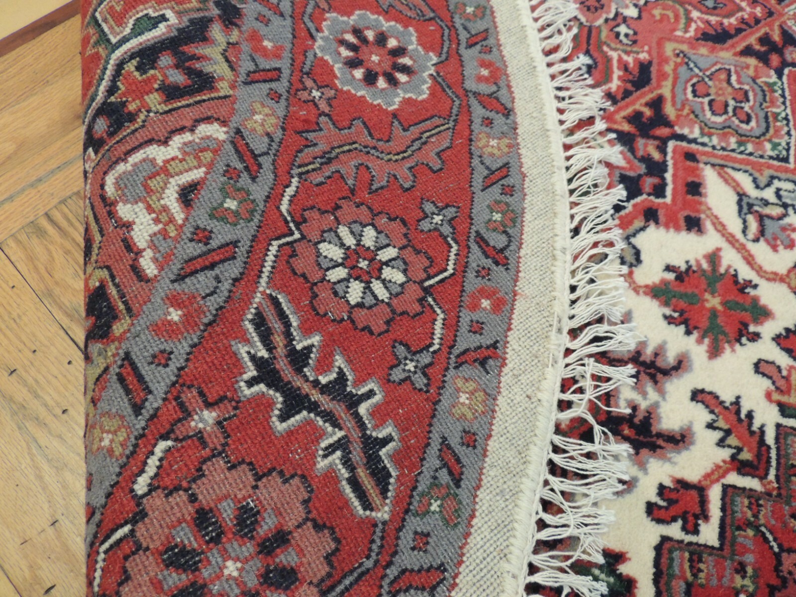 6×6 ROUND Herize Area Rug wool hand-knotted Red Ivory Gray/Blue Green
