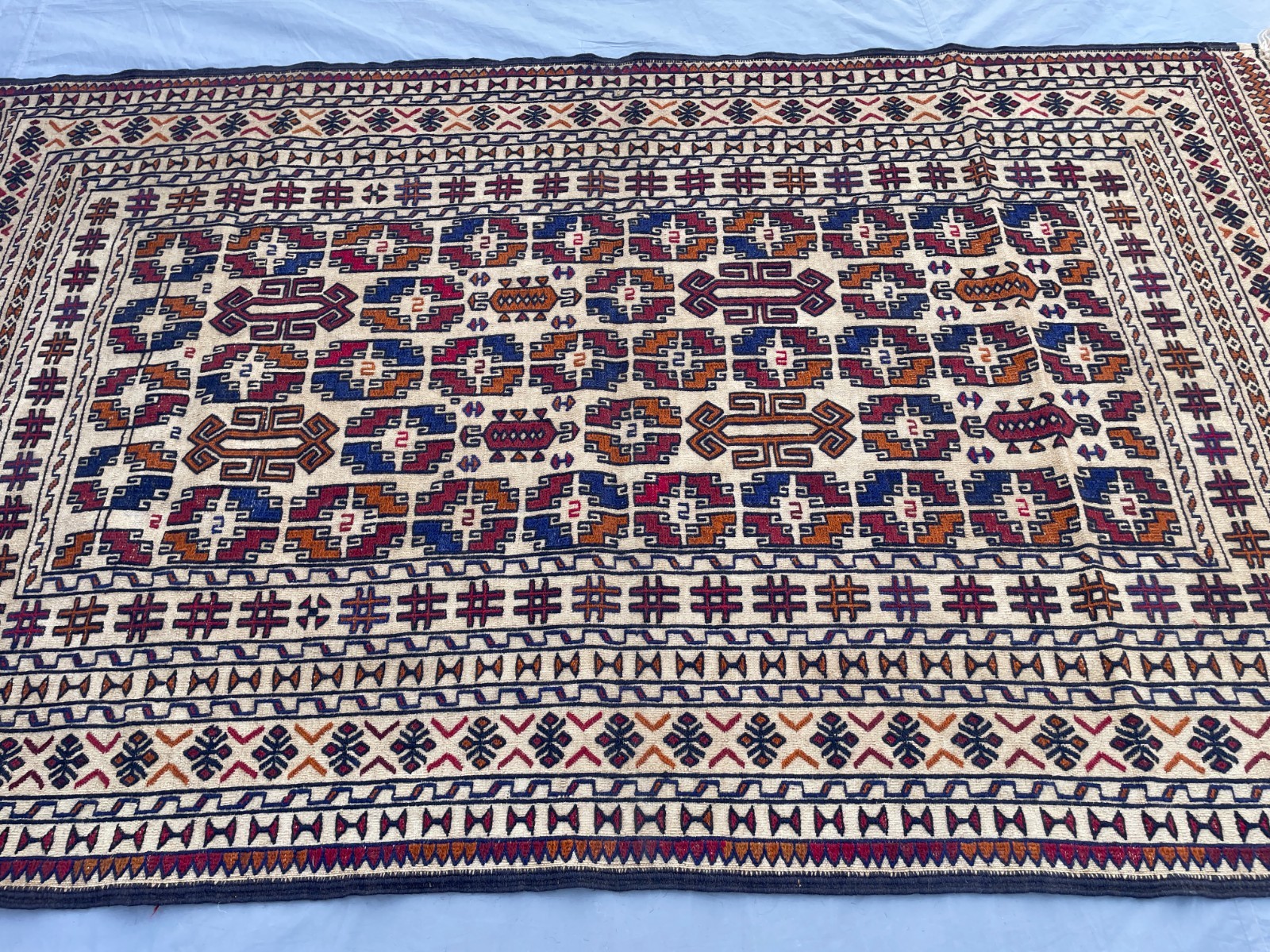 4×6 Ivory Afghan Kilim Rug with Bold Tribal Symbols and Geometric Panel Design