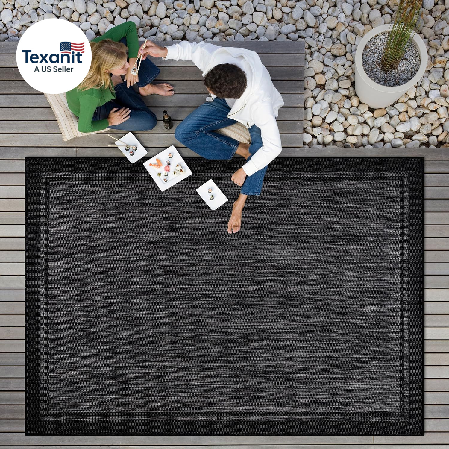 Indoor Outdoor Rug, 9X12 Bordered Dark Grey Black Modern Large Area Rugs for Ind