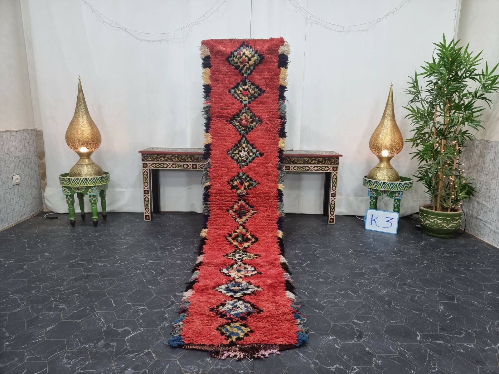 Moroccan Handmade Vintage Rug 1’8″x9′ Berber Geometric Yellow Wool Tribal Carpet