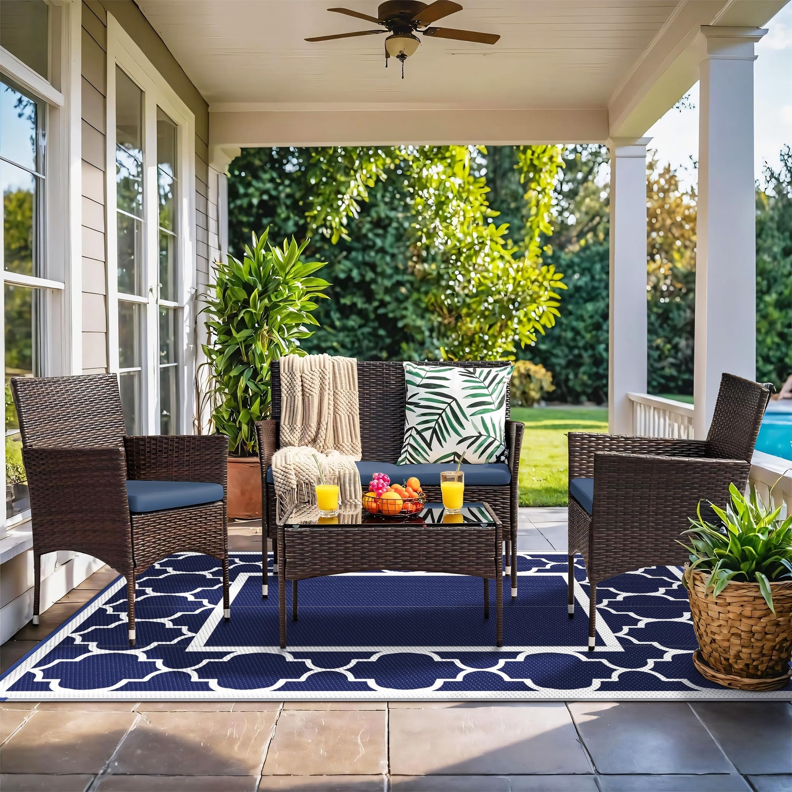 5′ x 8′ Outdoor Rug Waterproof Reversible for Patio Camper and Beach Blue/White