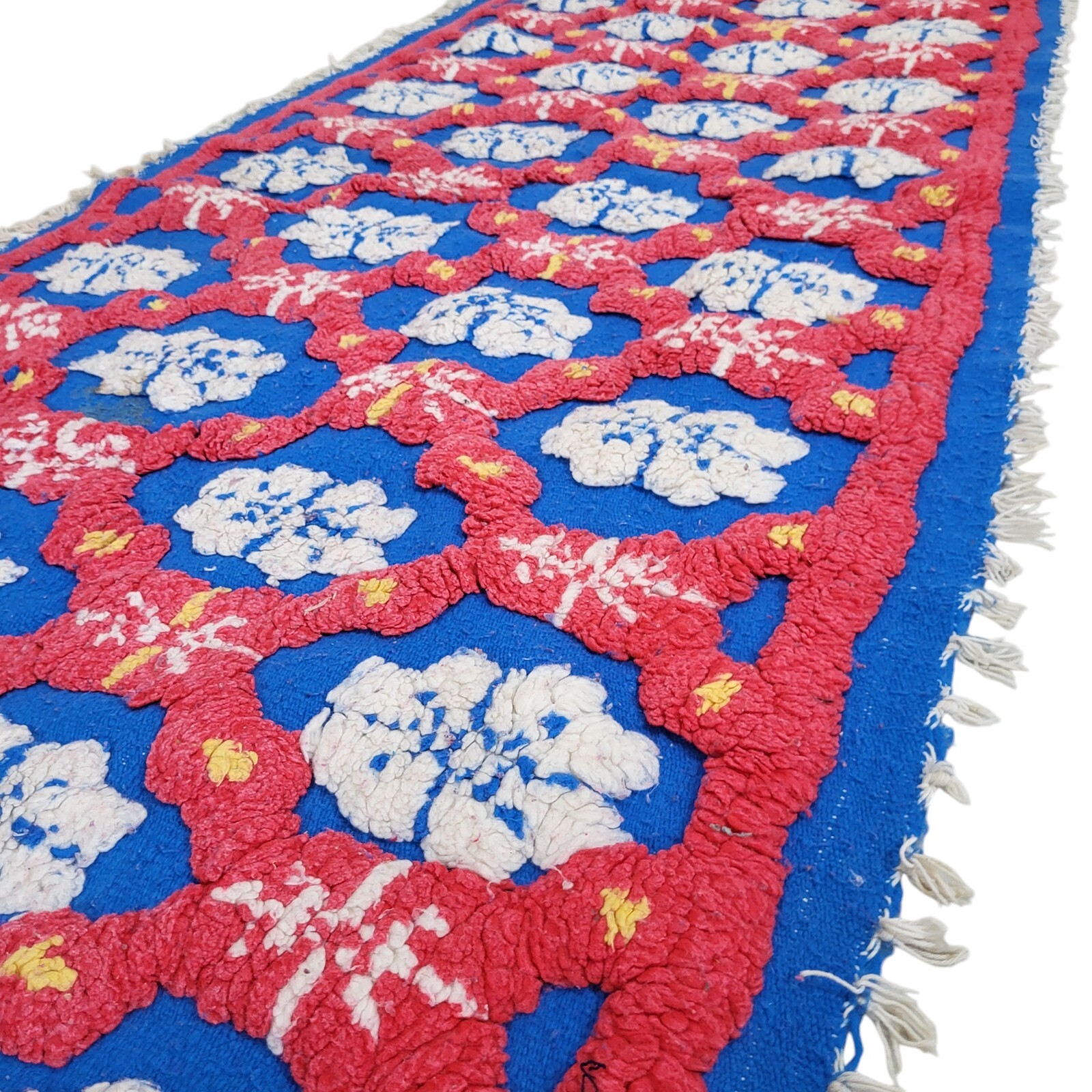 Vintage Moroccan Handmade Rug 3D Blue Red White Floral Tribal Berber Carpet 6×3