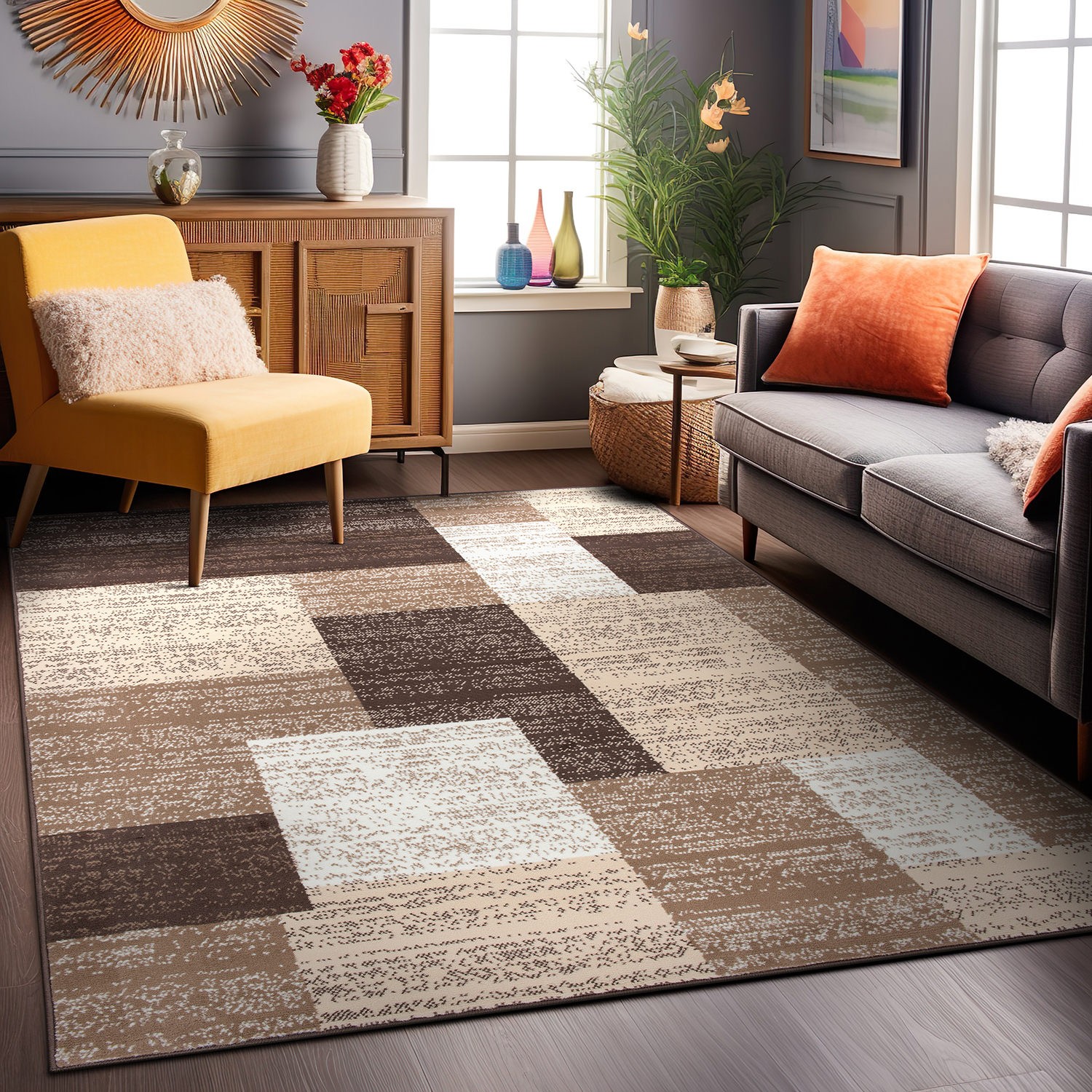 Rugshop Rugs Contemporary Distressed Boxes Carpet Rugs for Bedroom Brown Rug 5×7