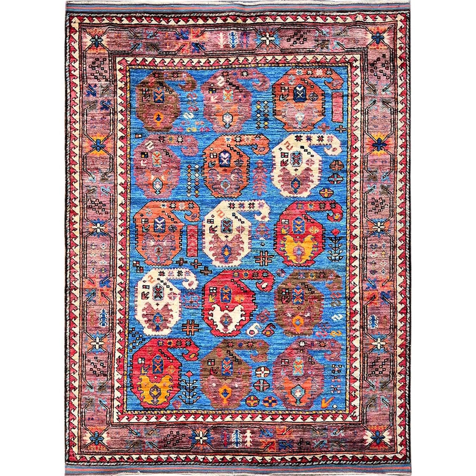 4’4″x5’9″ Blue Afghan Caucasian Design Revival Hand Knotted Soft Wool Rug R604