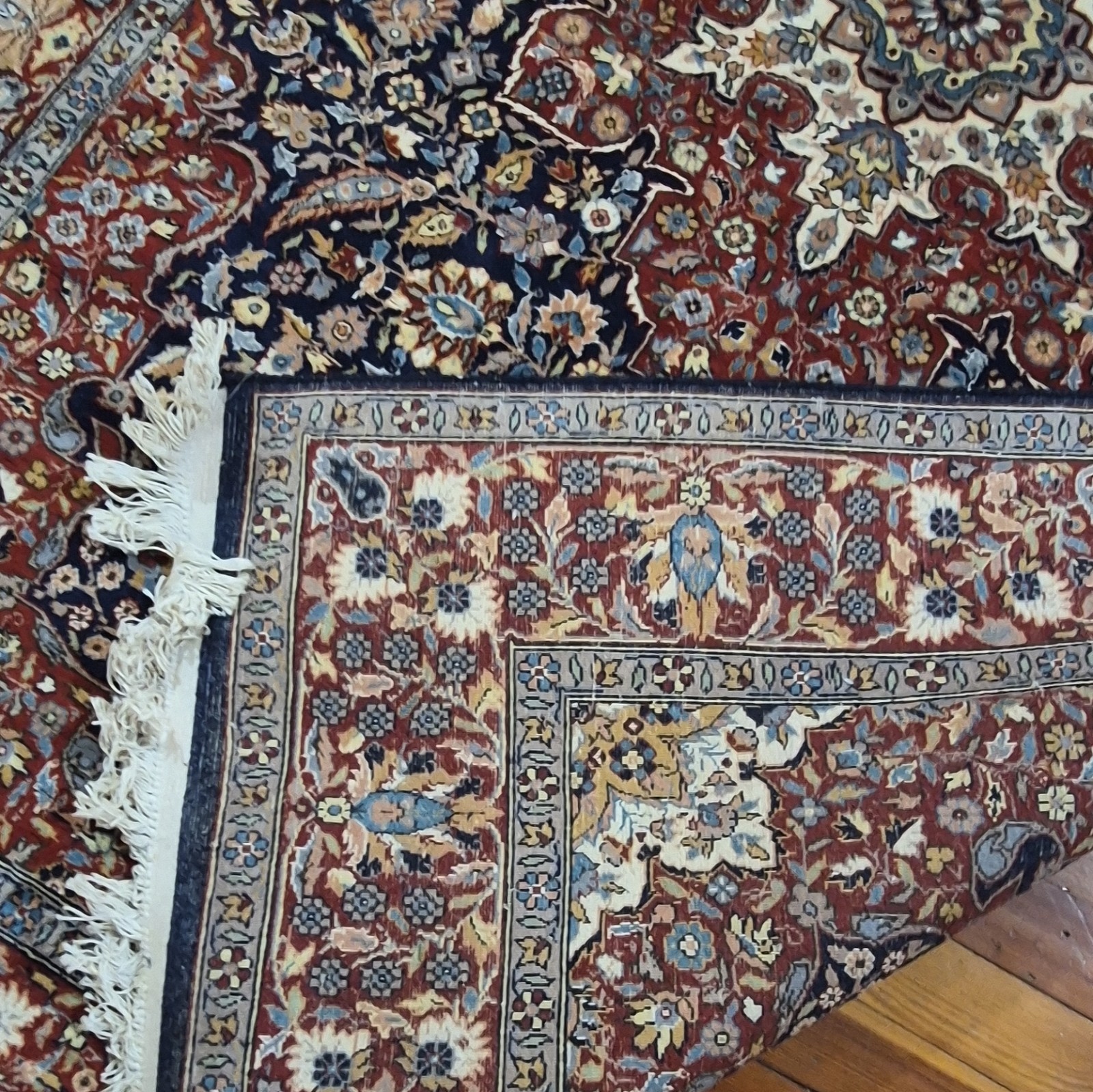 Hand-Knotted Medallion Rectangle Area Rug 100% Wool 7’1″×4’7″ Navy Red Beige