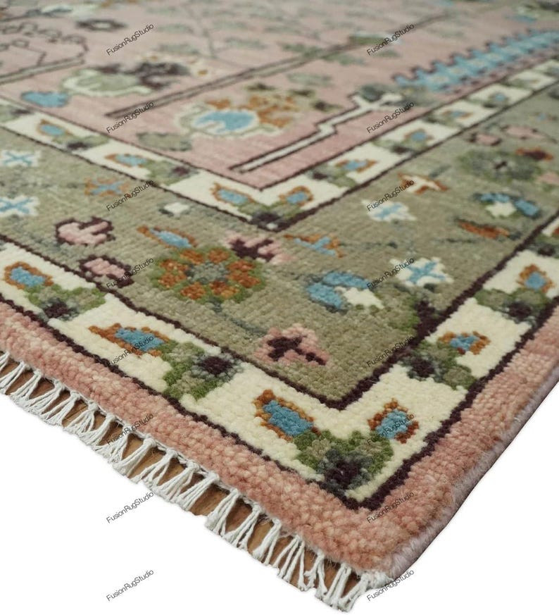 Light Pink,Green Rust Tree of Life Traditional Handknotted Wool Area Rug For Hom