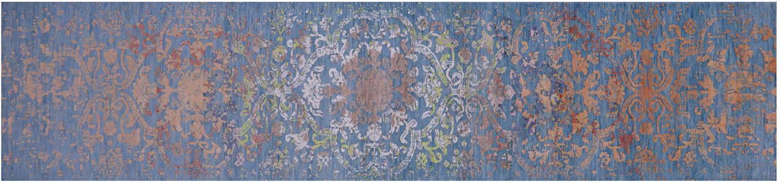 Blue 2′ 7″ X 12′ 2″ Runner Wool & Silk Modern Handmade Rug – Q22482