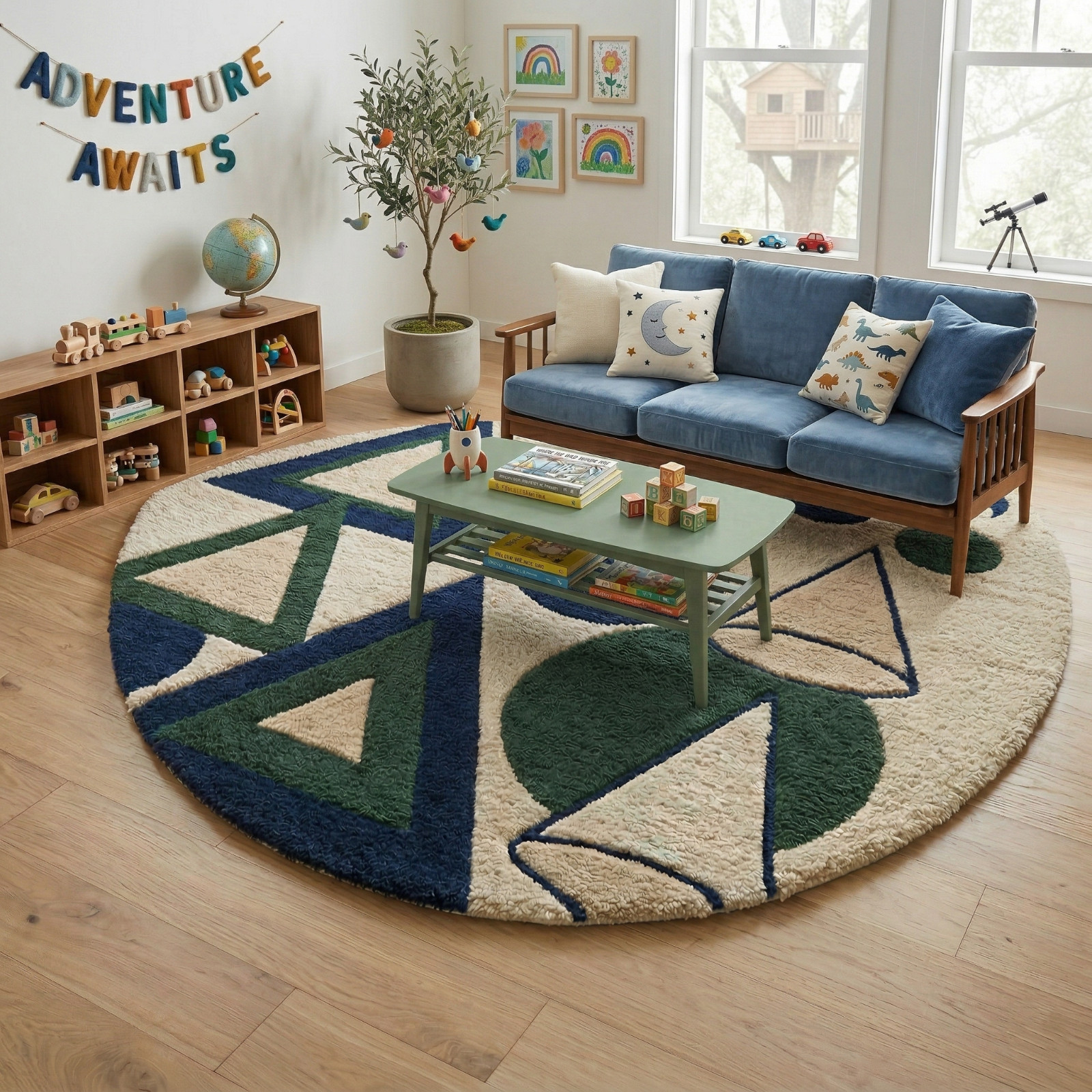 9×12 Hand Tufted Wool Area Rug Navy Green Geometric Modern Carpet Living Room