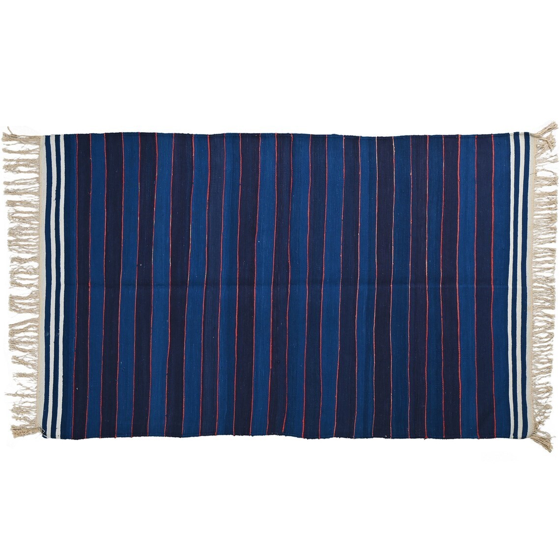 Blue Punjabi Dhurrie Rug 3.6×6.3 Ft Handmade Cotton Kilim Reversible Runner