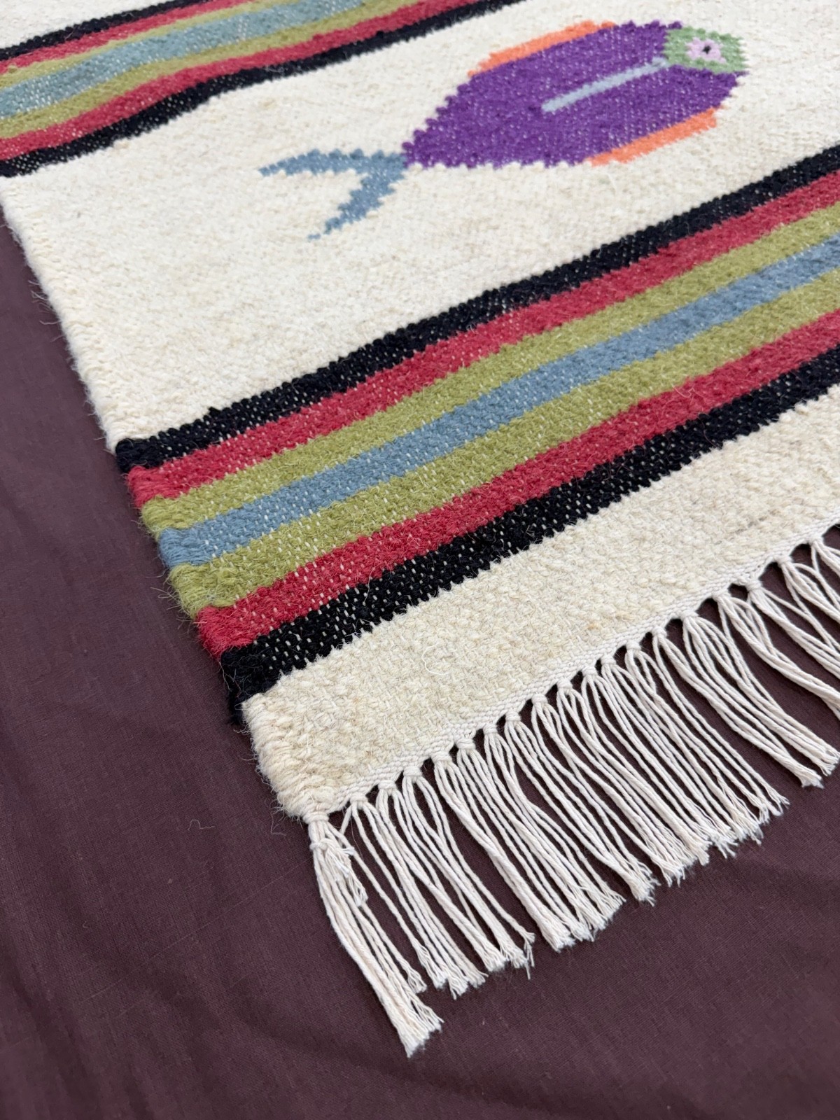 Hand Woven Wool Rug 2×3 Cream Tribal Fish Folk Art Striped Small Kilim for Kids