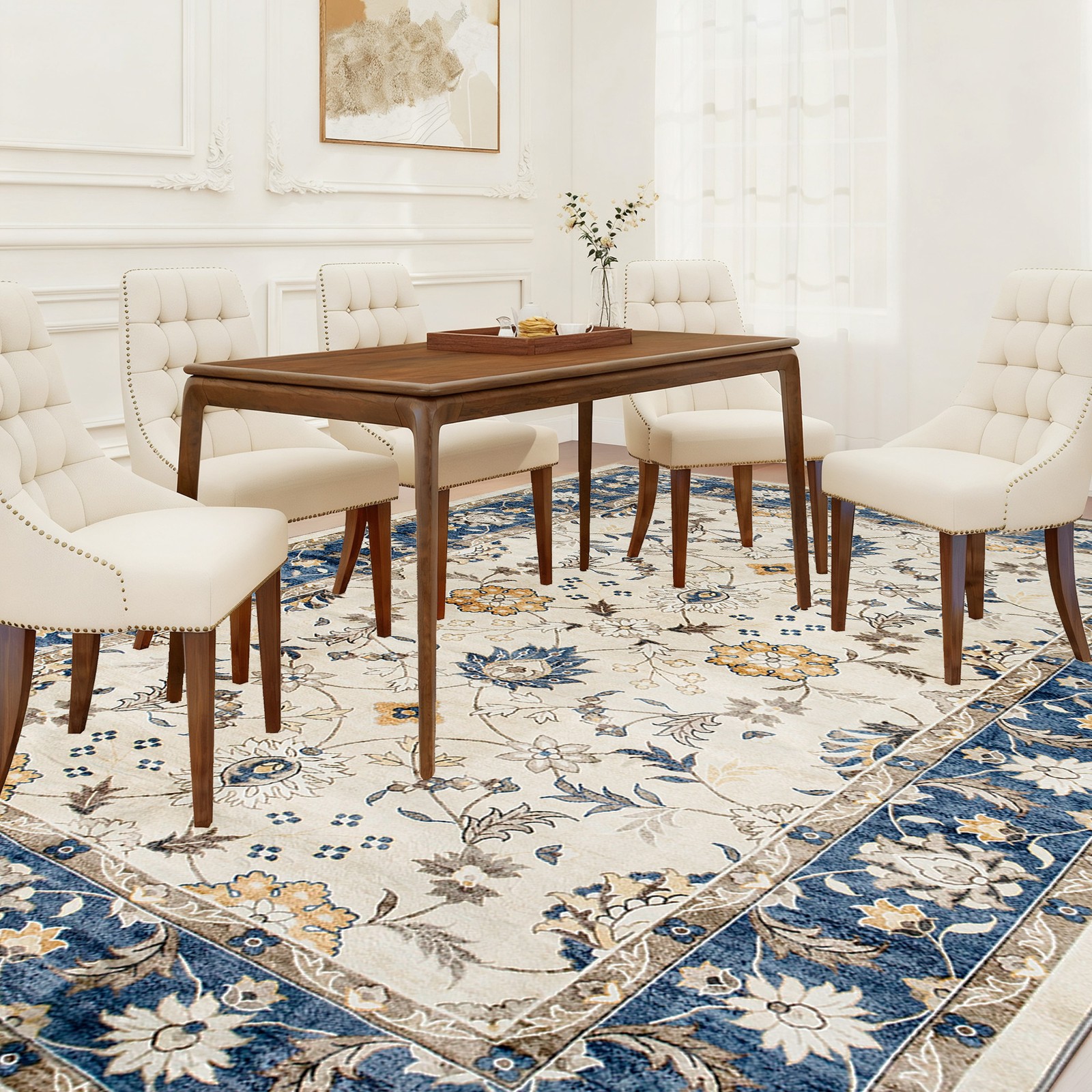 HOMCOM Machine Washable Area Rug 8×10, Boho Floral Print Carpet, Blue