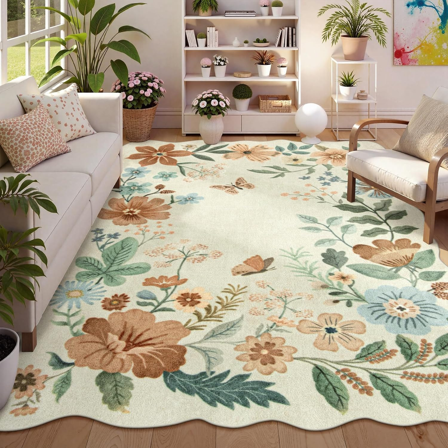 Floral Washable Rugs 8X10, Non-Slip Soft 8X10 Rugs for Living Room Bedroom, Ultr