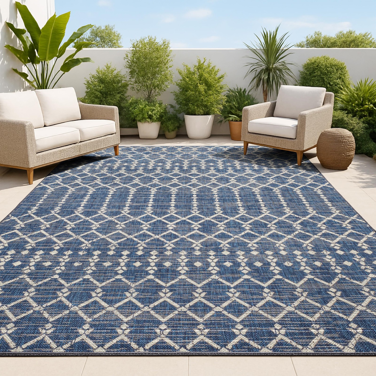 Moroccan Geometric Indoor Outdoor Area Rug 8X10 Navy/Beige, Ourika Textured W…