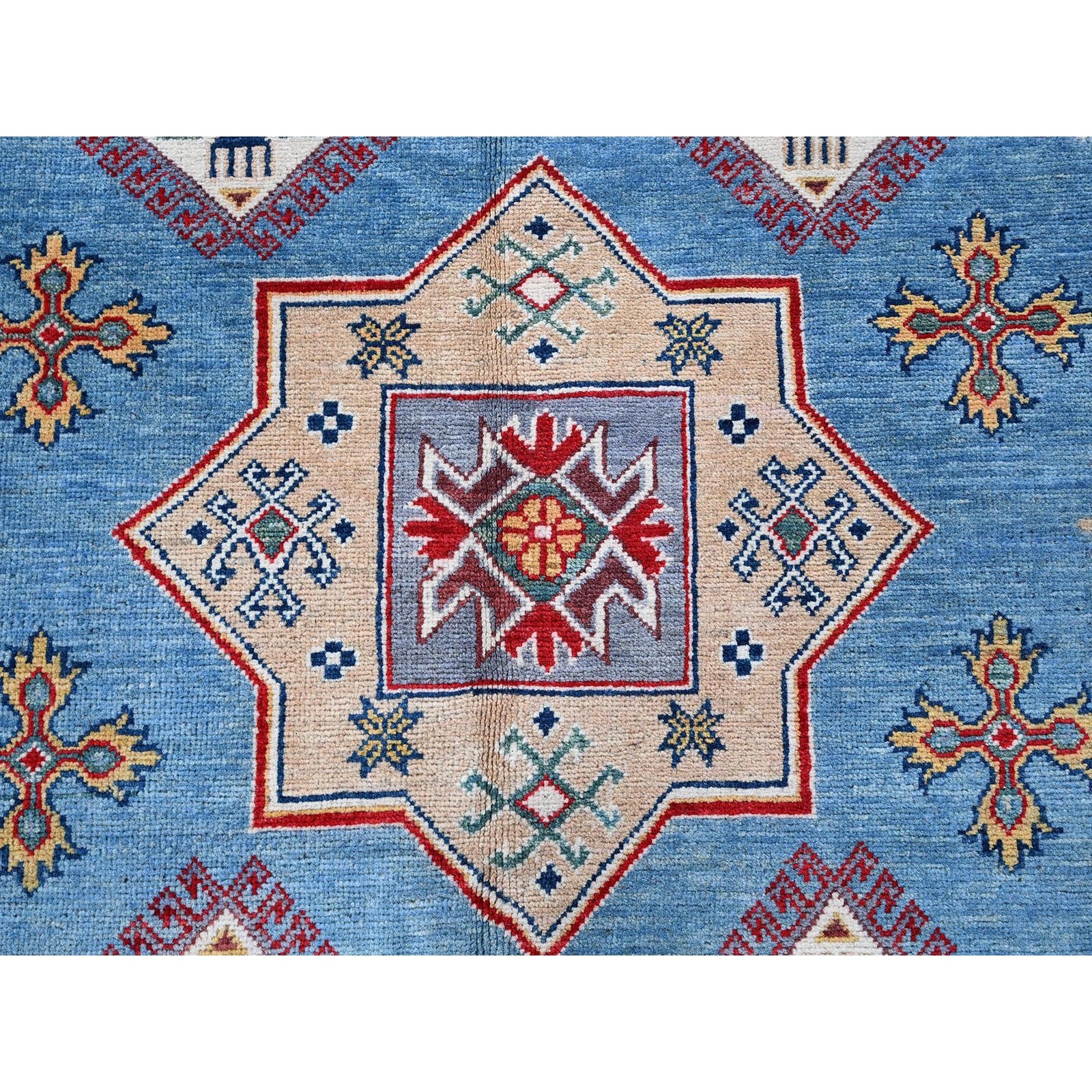 9’9″x14′ Blue Kazak with Star Medallions Design Hand Knotted Soft Wool Rug R528