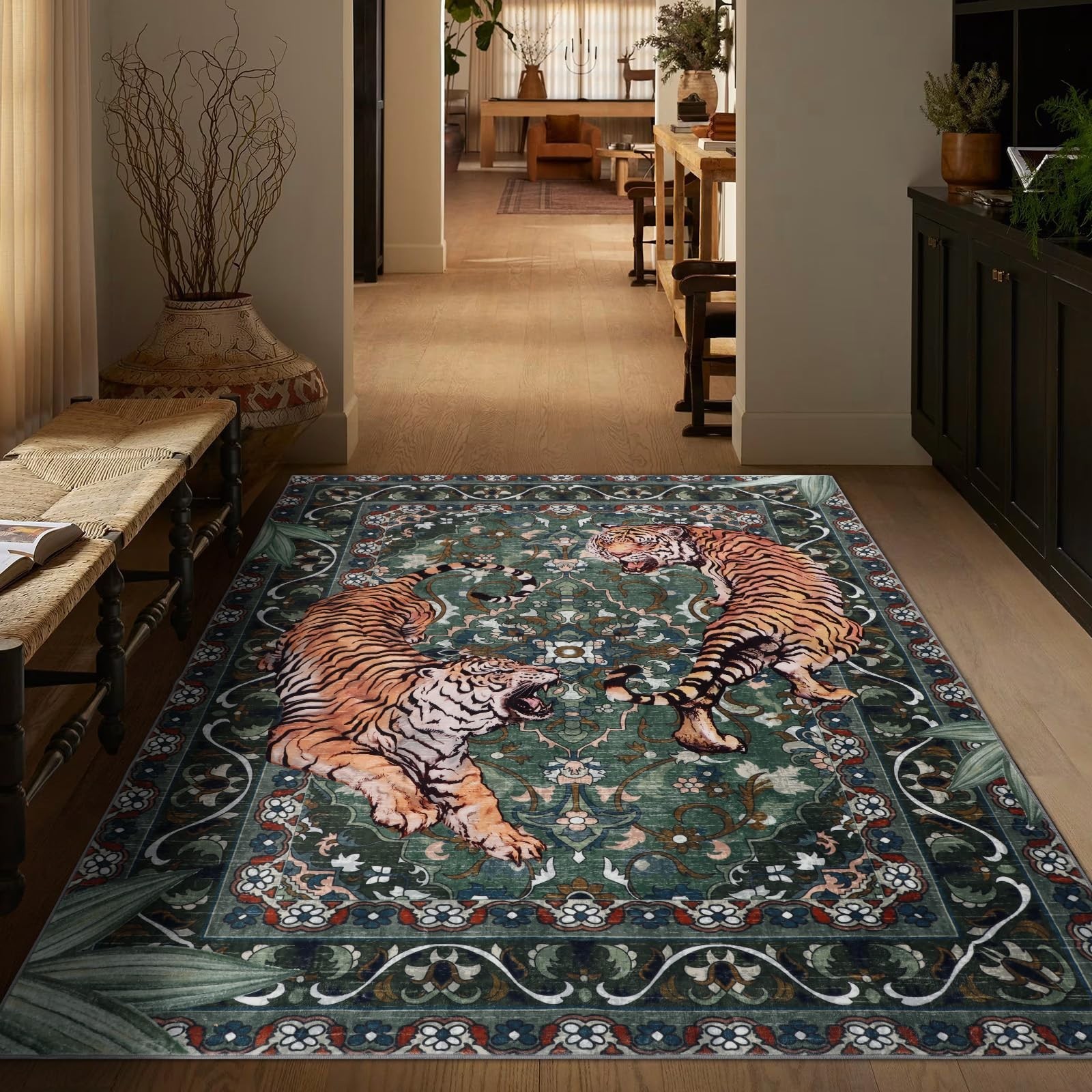 Geanlod Tiger Washable Area Rug 5x7ft Boho Botanical Jungle Floor Carpet