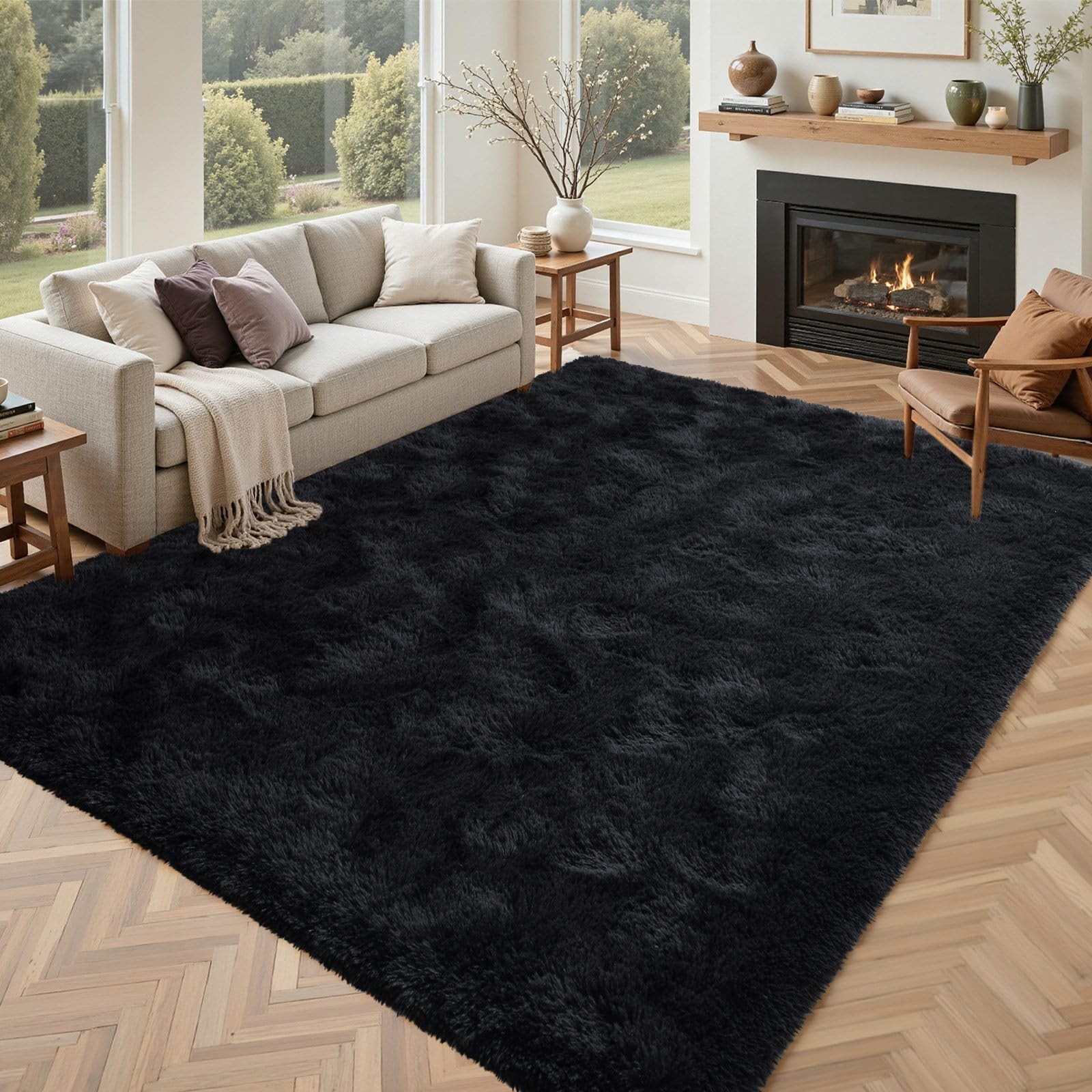 Alfombra Peluda Y Suave Color Negro Para Sala Y Dormitorio Estilo Moderno