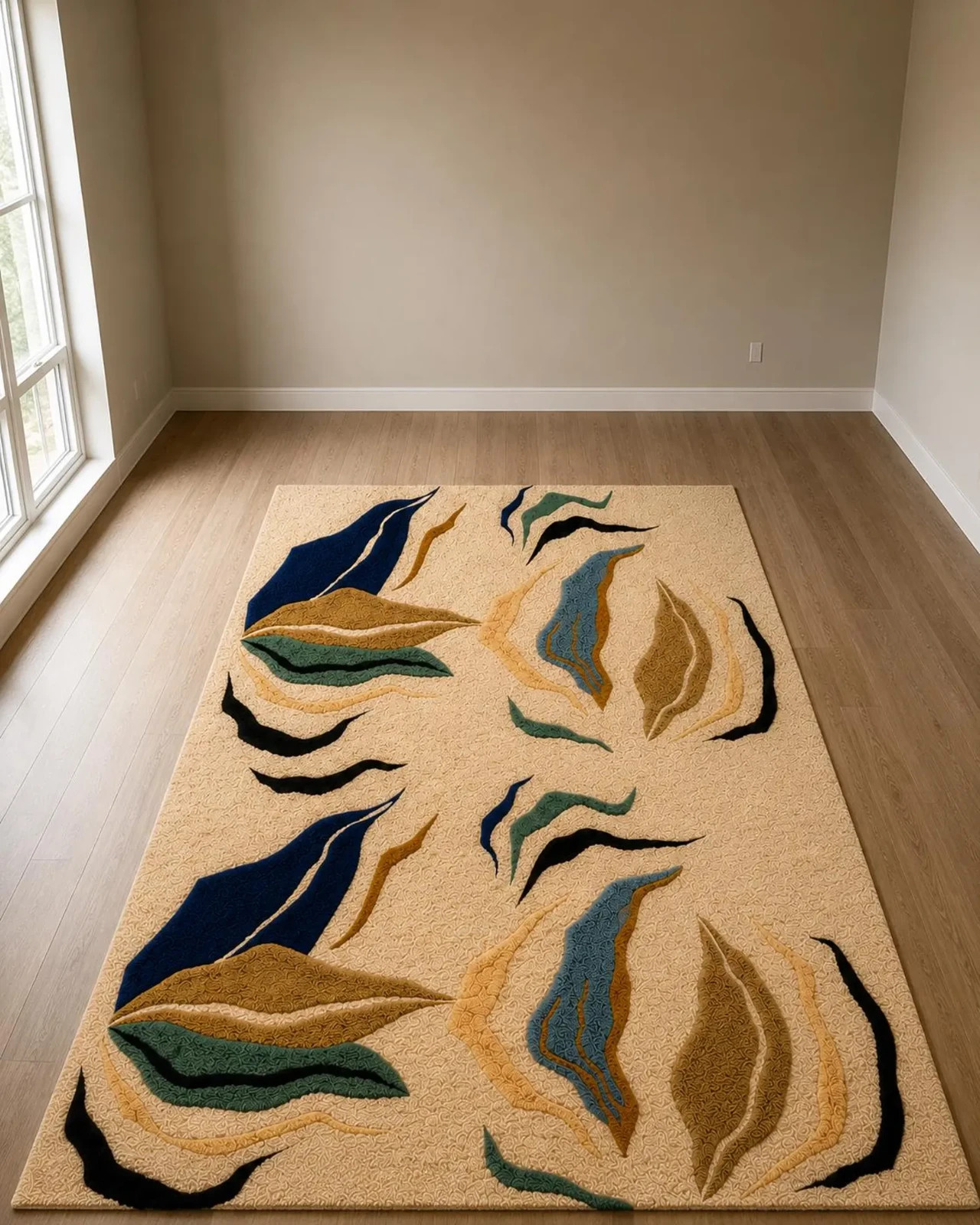 Modern Abstract Hand-Tufted Wool Rug Contemporary Organic Design Beige Blue Gree