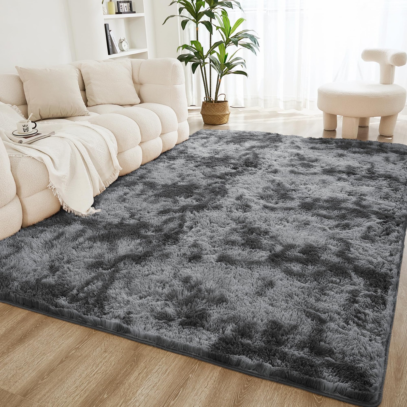 Litanika 9X12 Shag Area Rug For Living Room Bedroom Tie-Dyed Dark Grey High