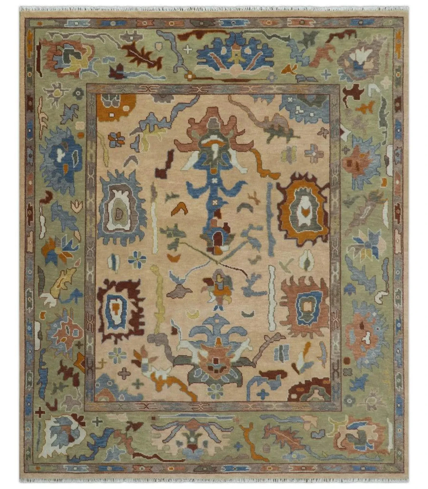 Hand Knotted Oushak Wool Area Rug, Earth Tone Beige Green Blue Turkish Oriental